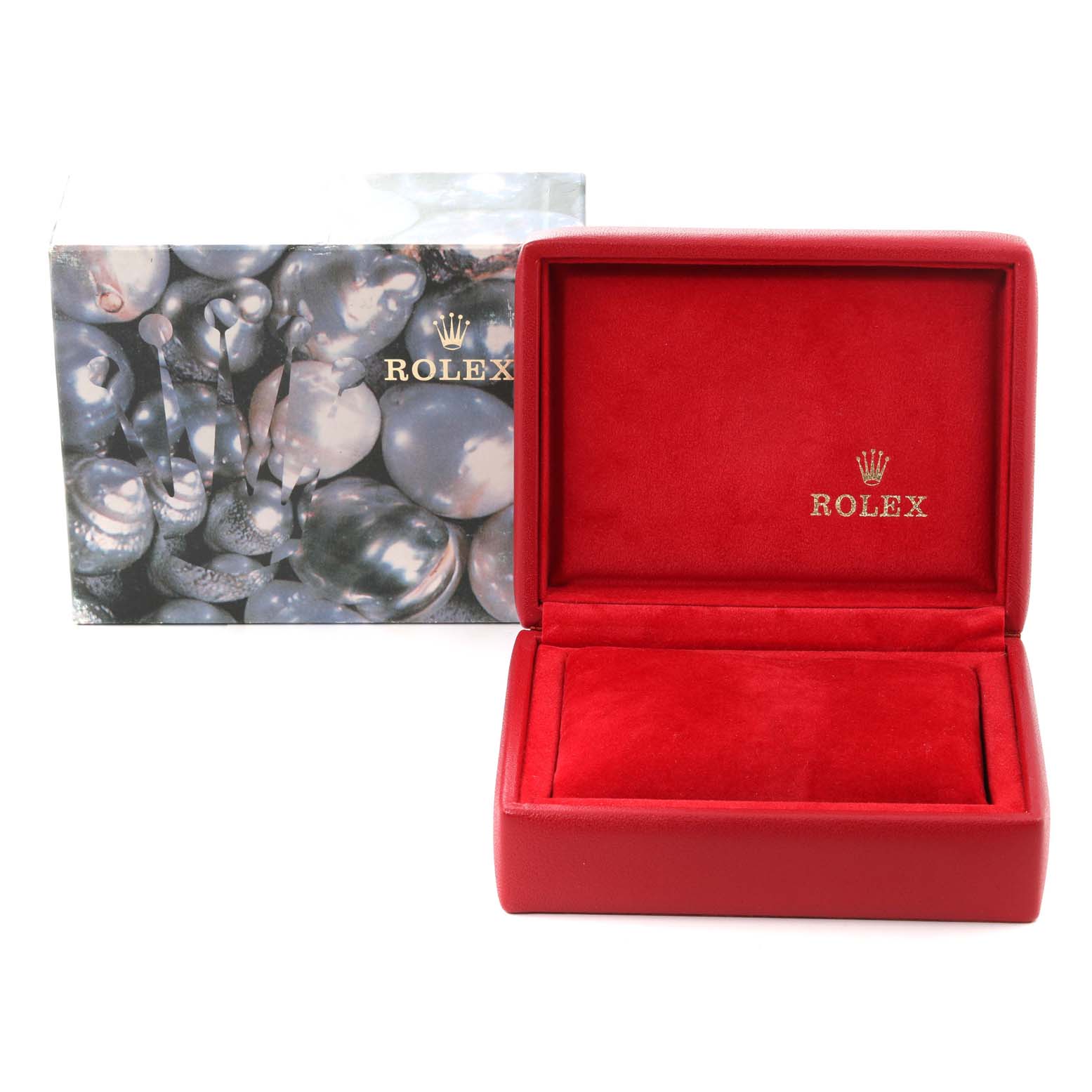 This image shows the packaging and an open red box for a Rolex Oyster Perpetual 67193 Women's Steel and Gold (two tone) Champagne Dial 67193 Women's Steel and Gold (two tone) Champagne Dial watch.