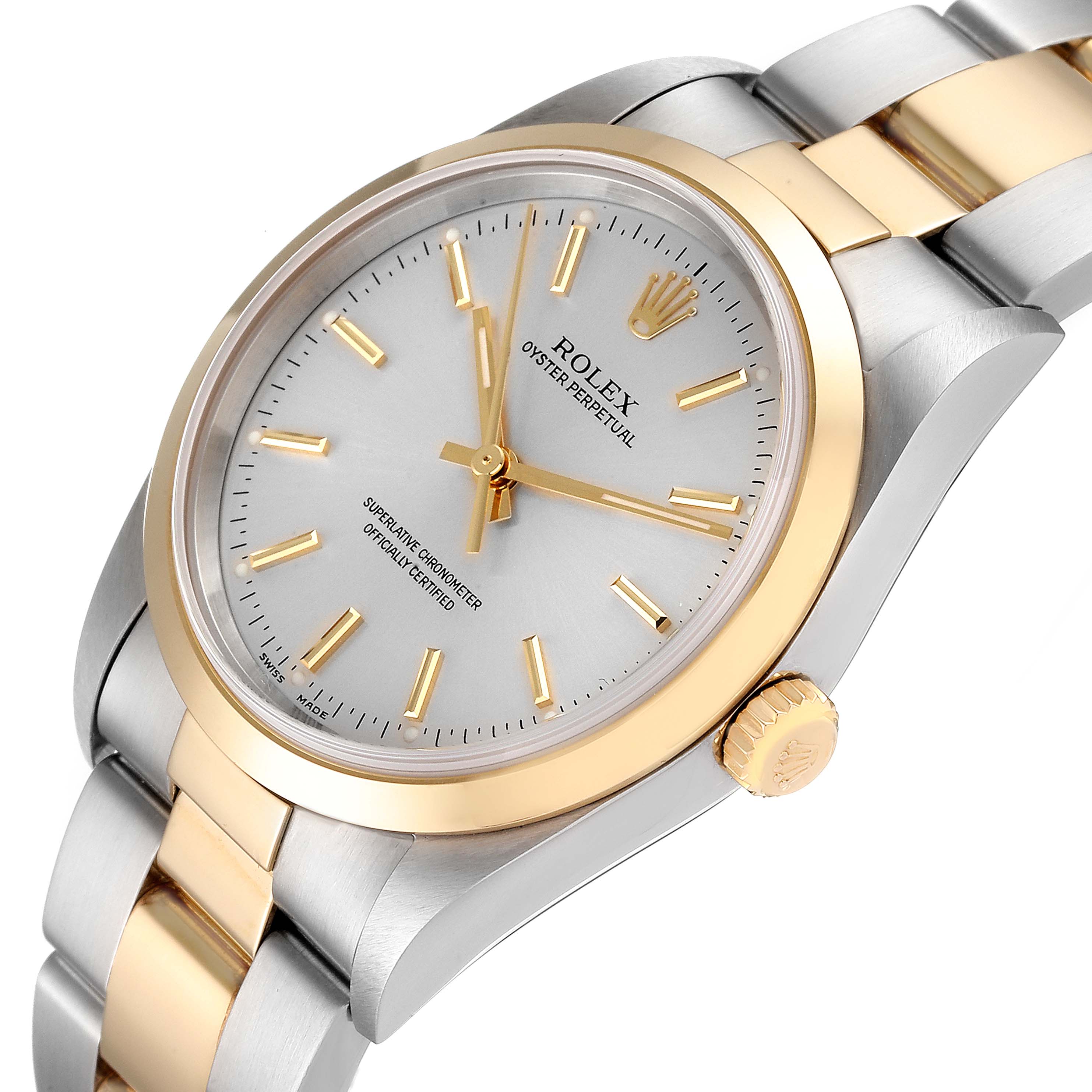 The image shows a side-angle view of a Rolex Oyster Perpetual 14203 Men's Steel and Gold (two tone) Silver Dial 14203 Men's Steel and Gold (two tone) Silver Dial watch, highlighting the dial, crown, and bracelet.