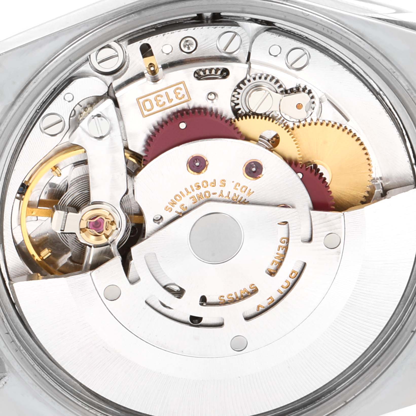 This image shows a close-up view of the internal mechanics of a Rolex Oyster Perpetual 14203 Men's Steel and Gold (two tone) Silver Dial 14203 Men's Steel and Gold (two tone) Silver Dial watch.