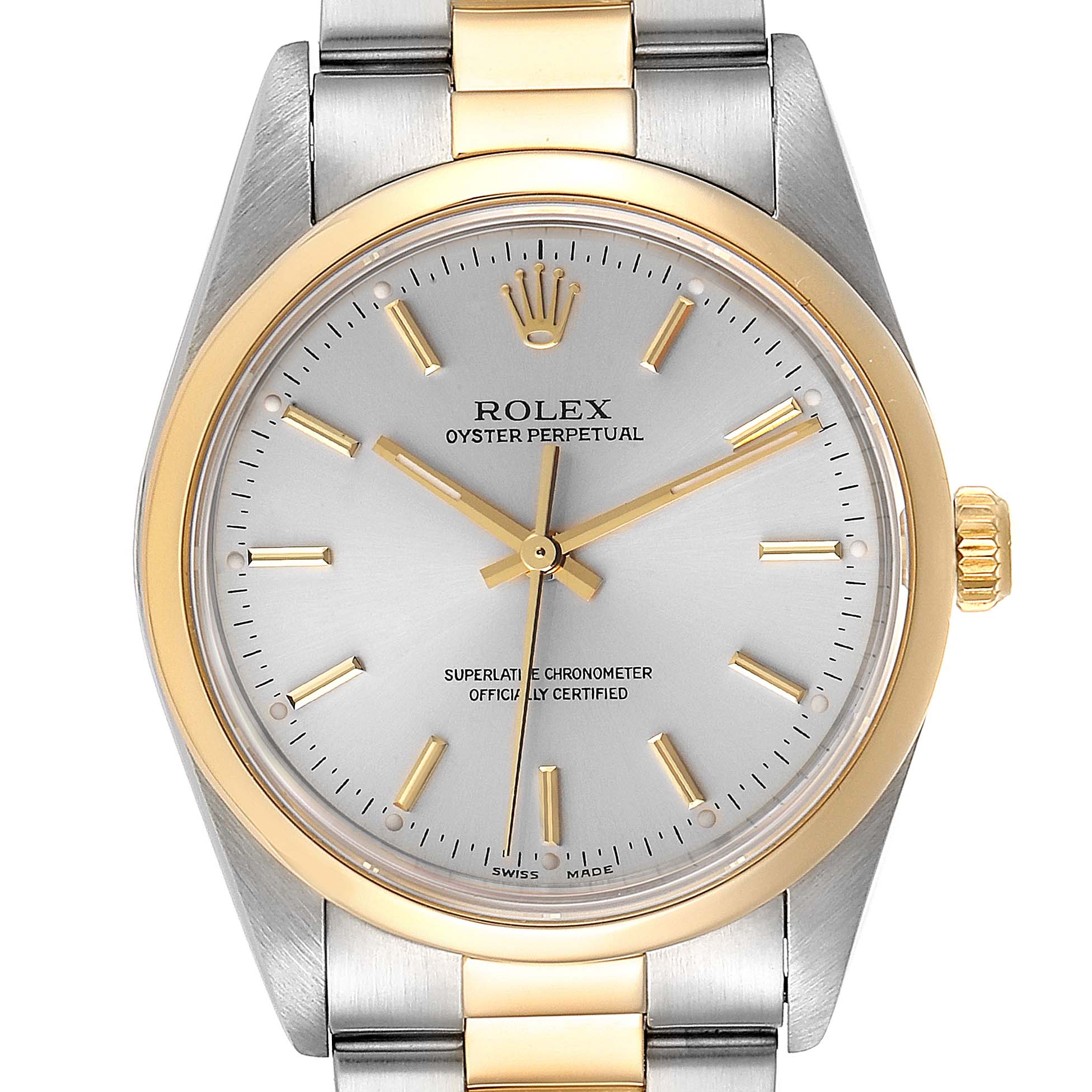 The image shows a frontal view of the Rolex Oyster Perpetual 14203 Men's Steel and Gold (two tone) Silver Dial 14203 Men's Steel and Gold (two tone) Silver Dial watch, featuring its face, bezel, and bracelet.