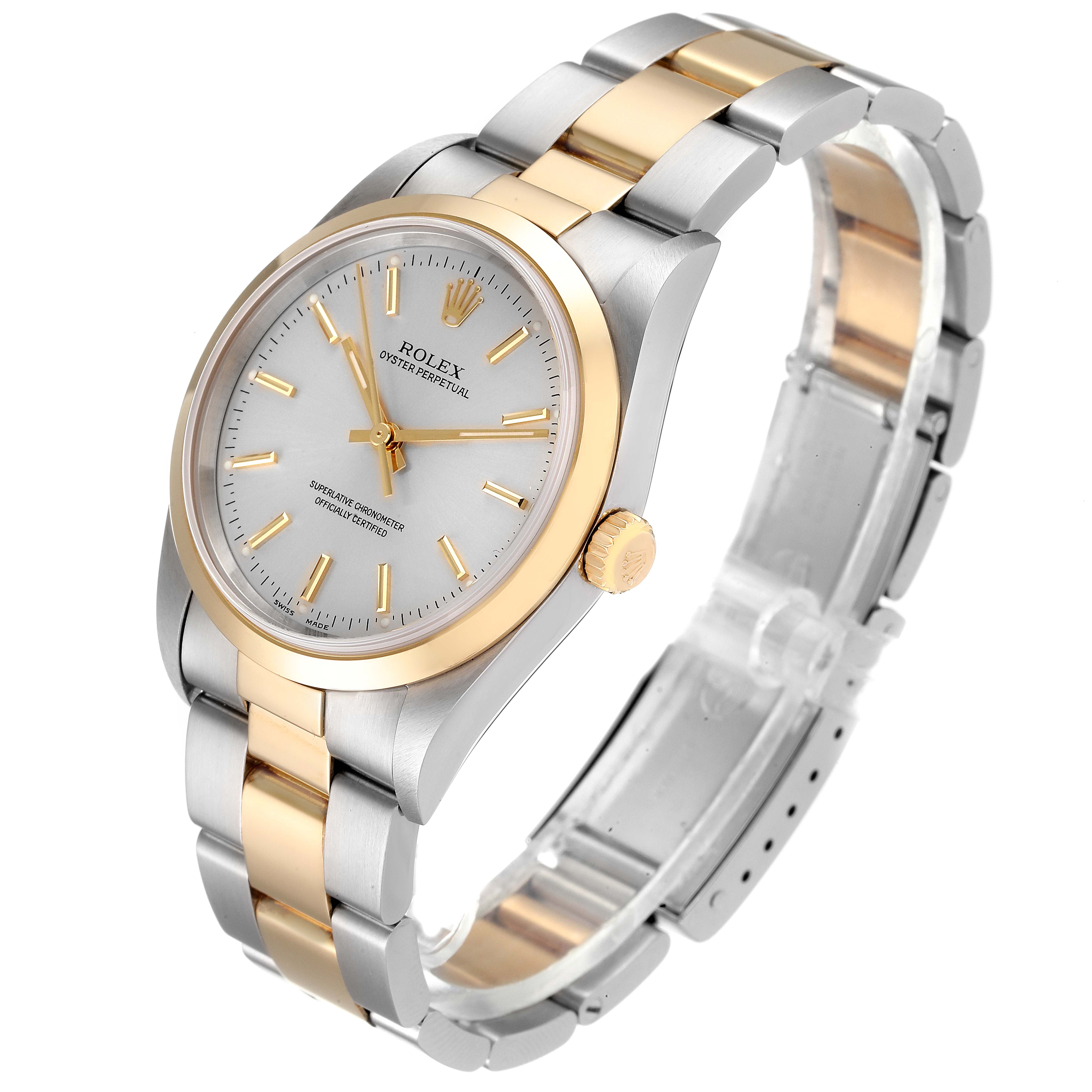 The image shows the Rolex Oyster Perpetual 14203 Men's Steel and Gold (two tone) Silver Dial 14203 Men's Steel and Gold (two tone) Silver Dial watch from a three-quarter front angle, highlighting the face, bezel, crown, and bracelet.