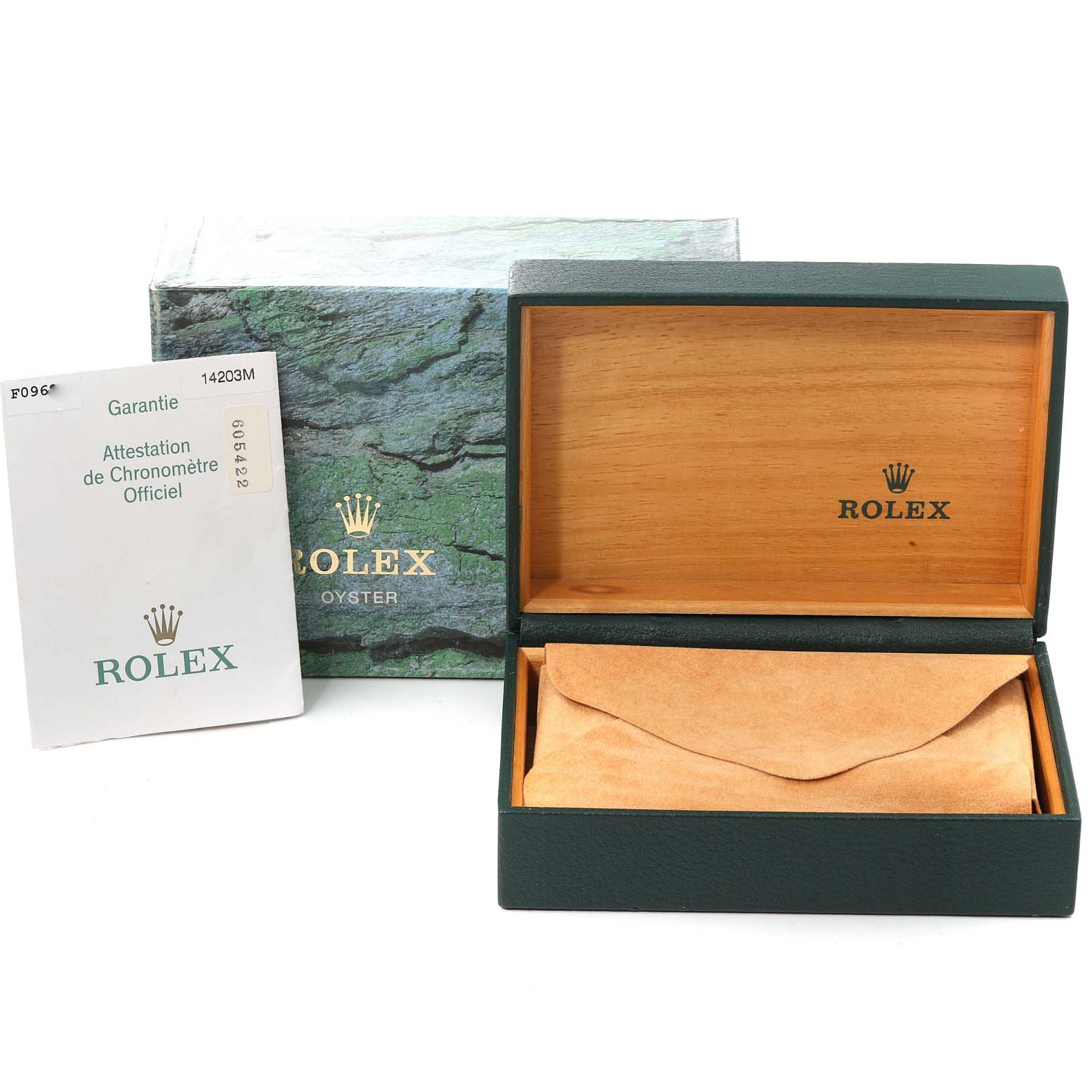 The image shows a Rolex Oyster Perpetual 14203 Men's Steel and Gold (two tone) Silver Dial 14203 Men's Steel and Gold (two tone) Silver Dial watch box, warranty card, and outer packaging from a straight-on angle.