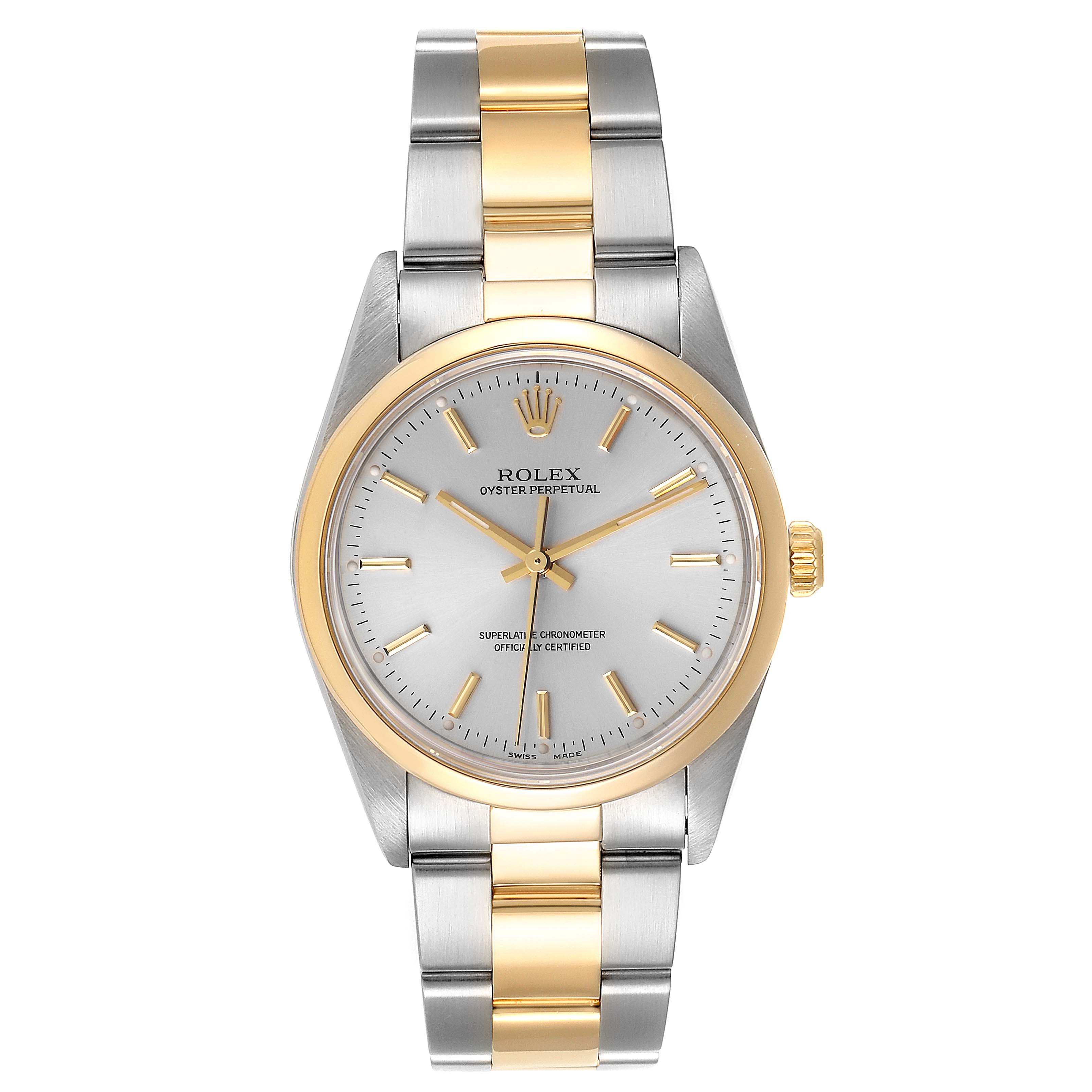 The Rolex Oyster Perpetual 14203 Men's Steel and Gold (two tone) Silver Dial 14203 Men's Steel and Gold (two tone) Silver Dial watch is shown from a front angle, highlighting its dial, bracelet, and bezel.