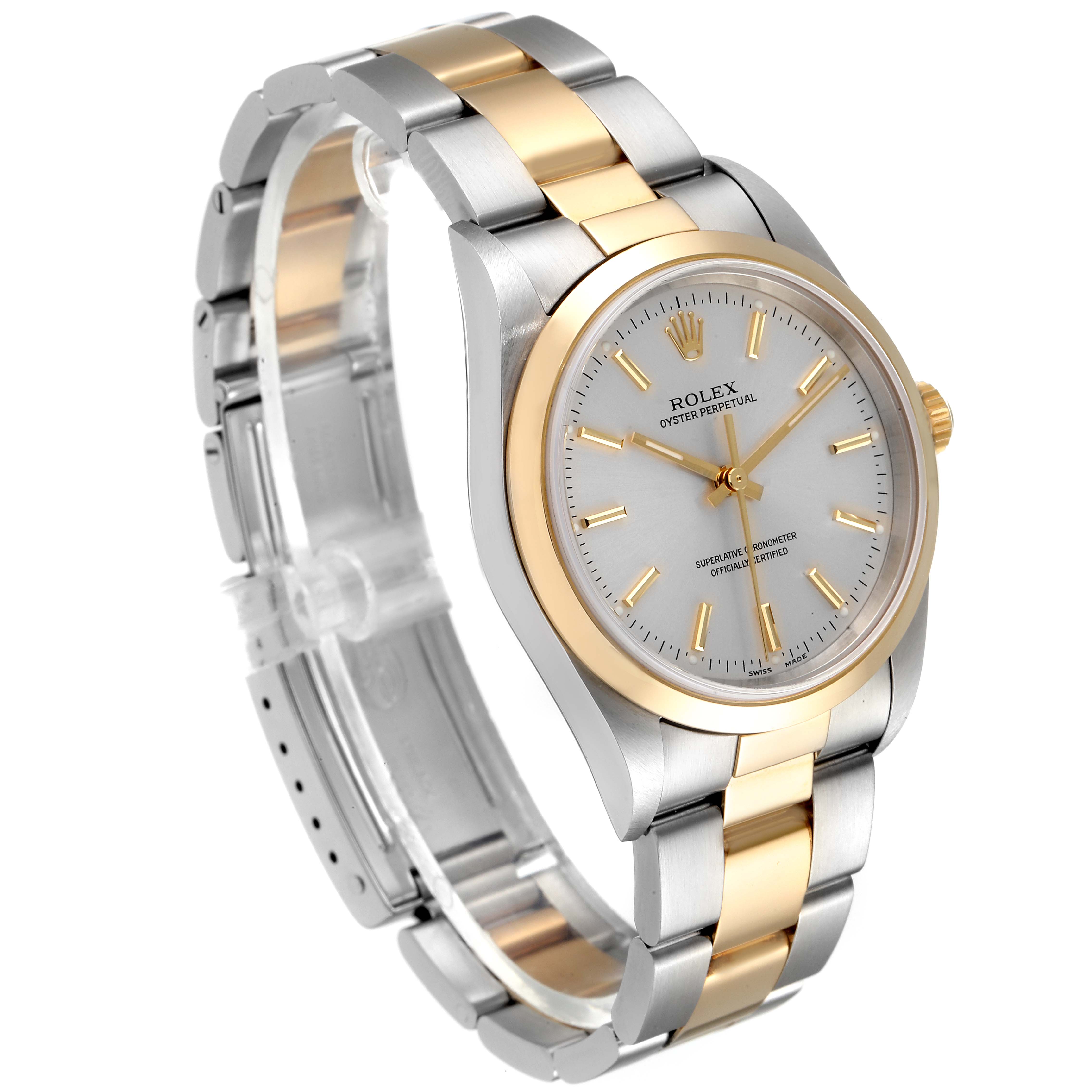 The image shows a Rolex Oyster Perpetual 14203 Men's Steel and Gold (two tone) Silver Dial 14203 Men's Steel and Gold (two tone) Silver Dial watch at a three-quarter angle, highlighting the face, bezel, and bracelet.