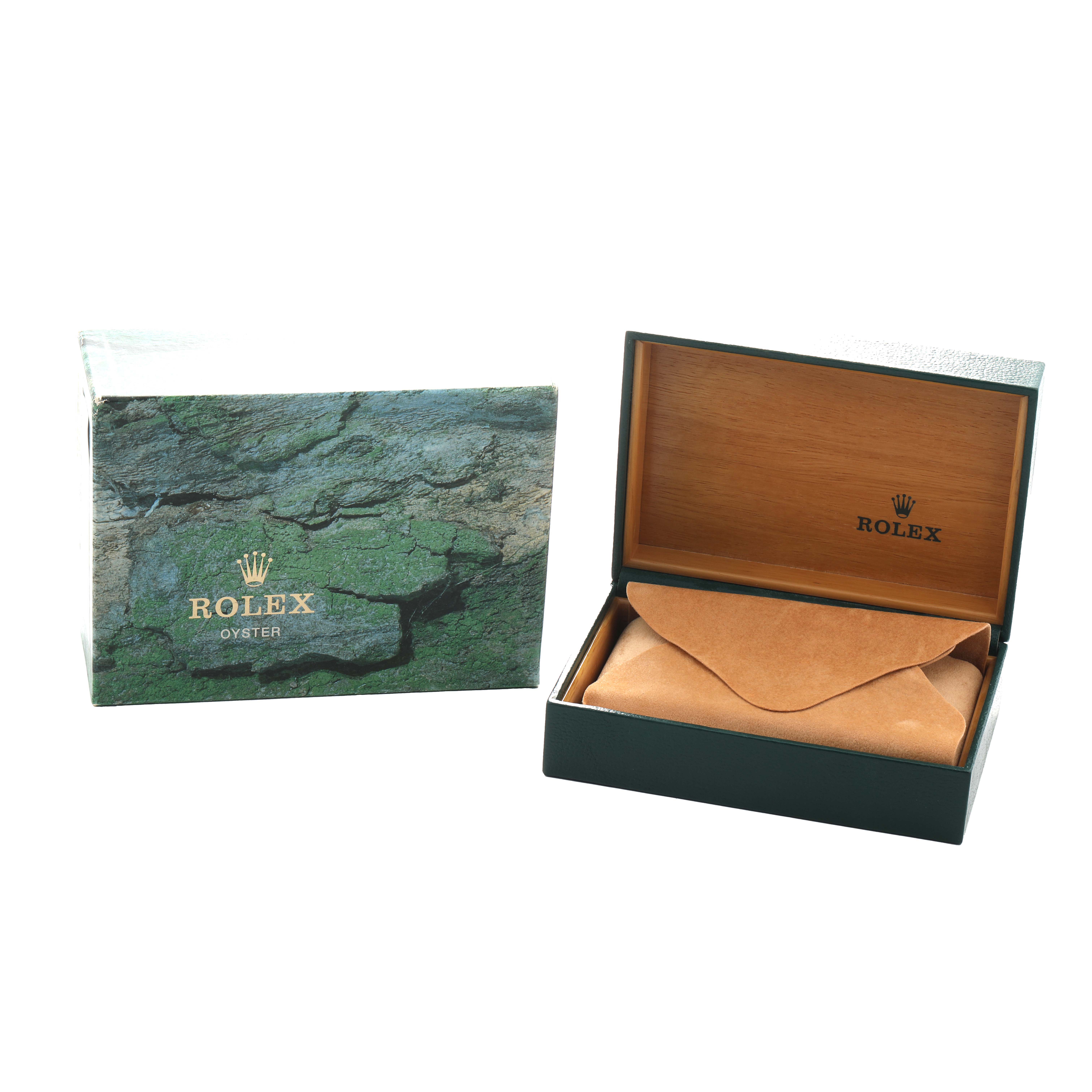 The image shows the Rolex Oyster Perpetual 14203 Men
s Steel and Gold (two tone) Silver Dial packaging, including the outer box and an open watch case with a pouch inside.