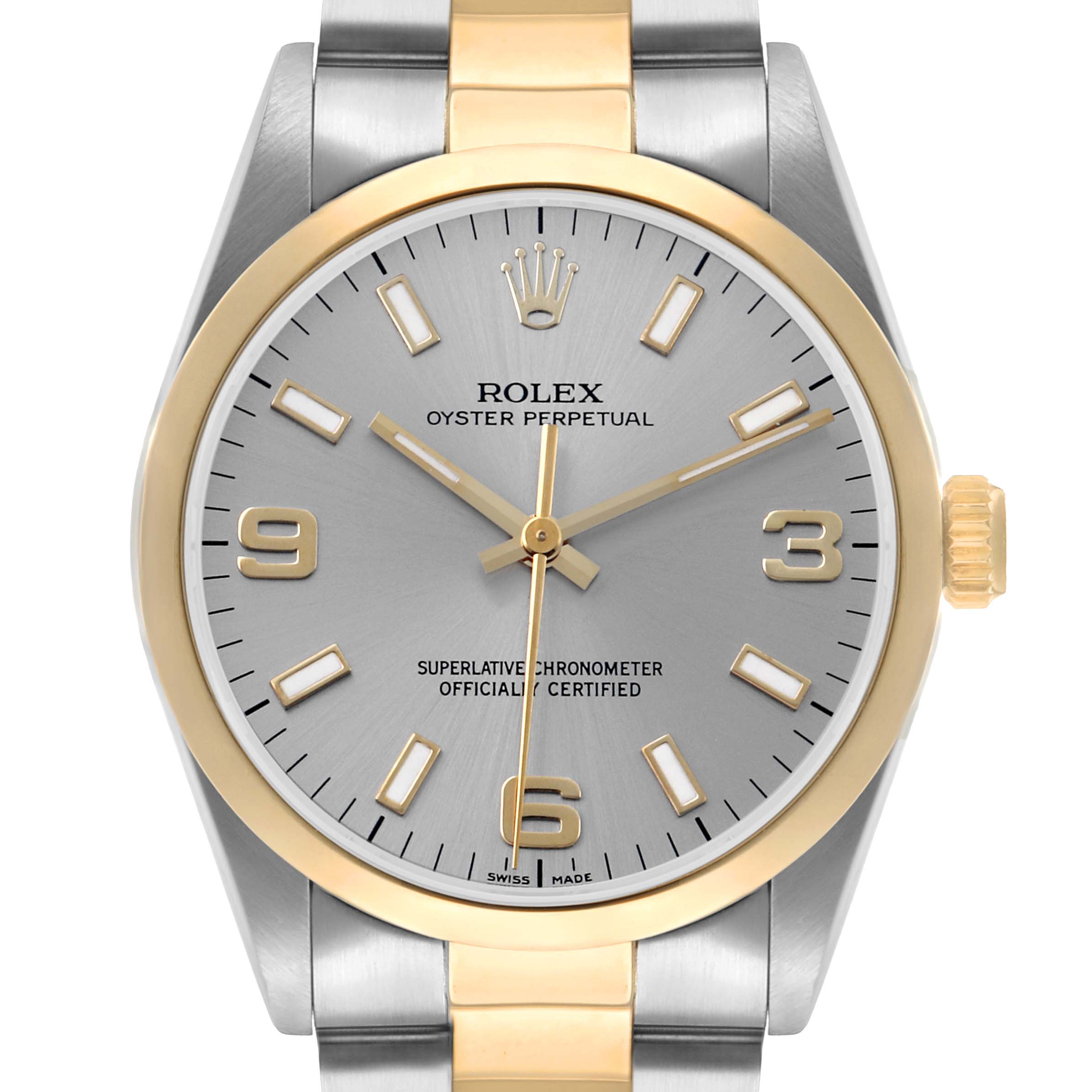The Rolex Oyster Perpetual 14203 Men
s Steel and Gold (two tone) Silver Dial watch is shown from a front angle, displaying the face, crown, and part of the bracelet.