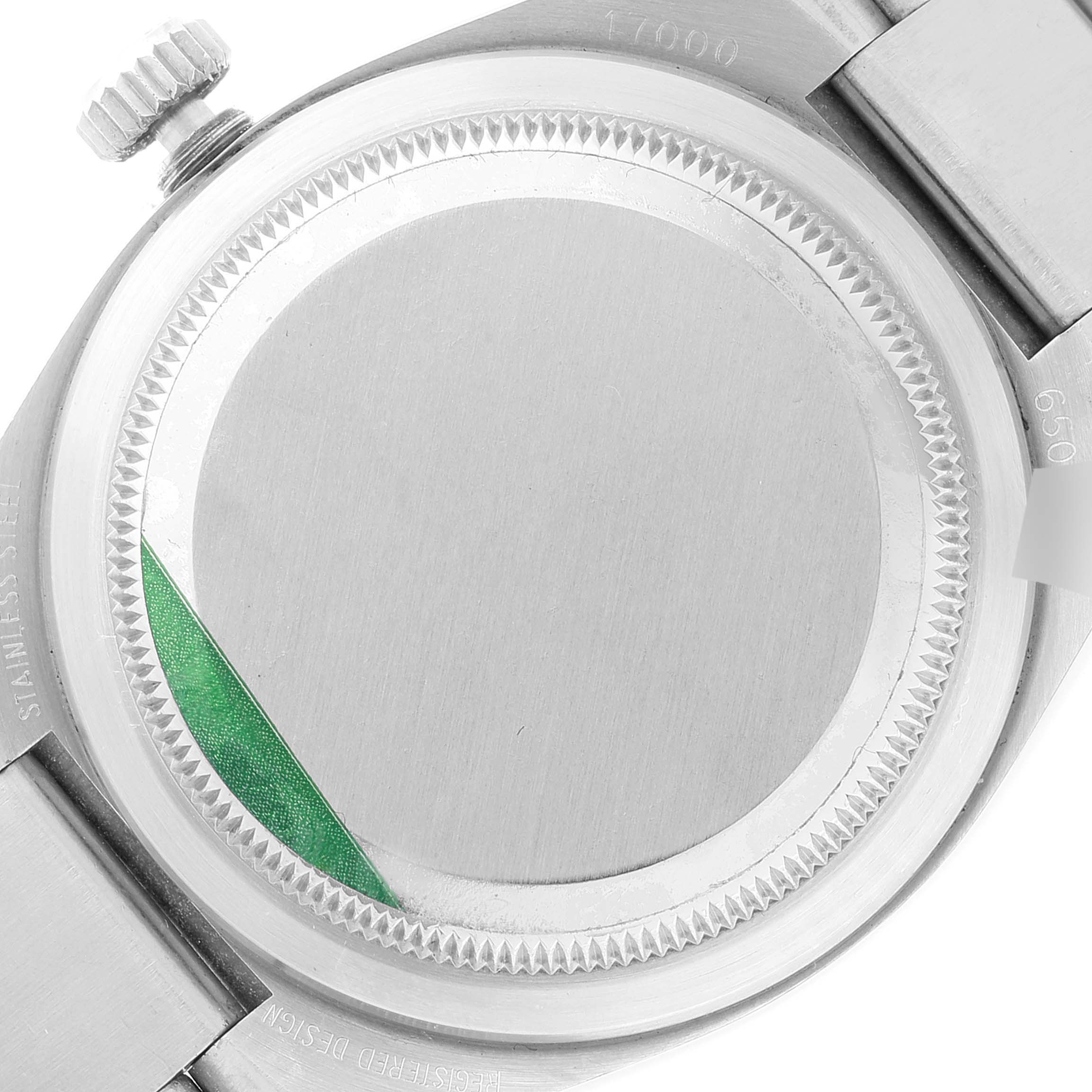 This is the back view of the Rolex Oysterquartz 17000 Men
s Stainless Steel Silver Dial 17000 Men
s Stainless Steel Silver Dial watch, showing the case back and part of the bracelet.