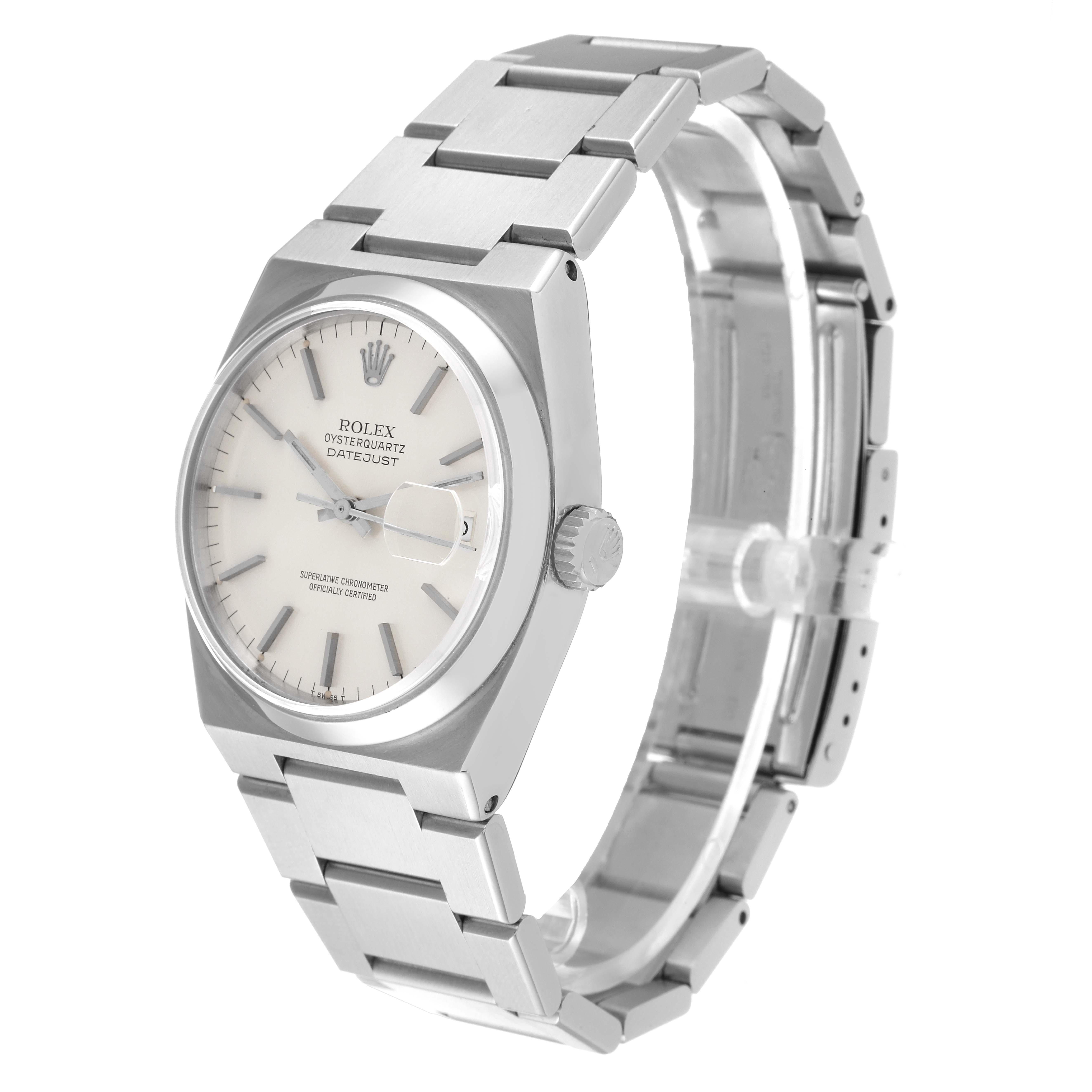 This Rolex Oysterquartz 17000 Men
s Stainless Steel Silver Dial 17000 Men
s Stainless Steel Silver Dial watch is shown at a three-quarter angle, highlighting its entire face, bezel, case, and steel bracelet.