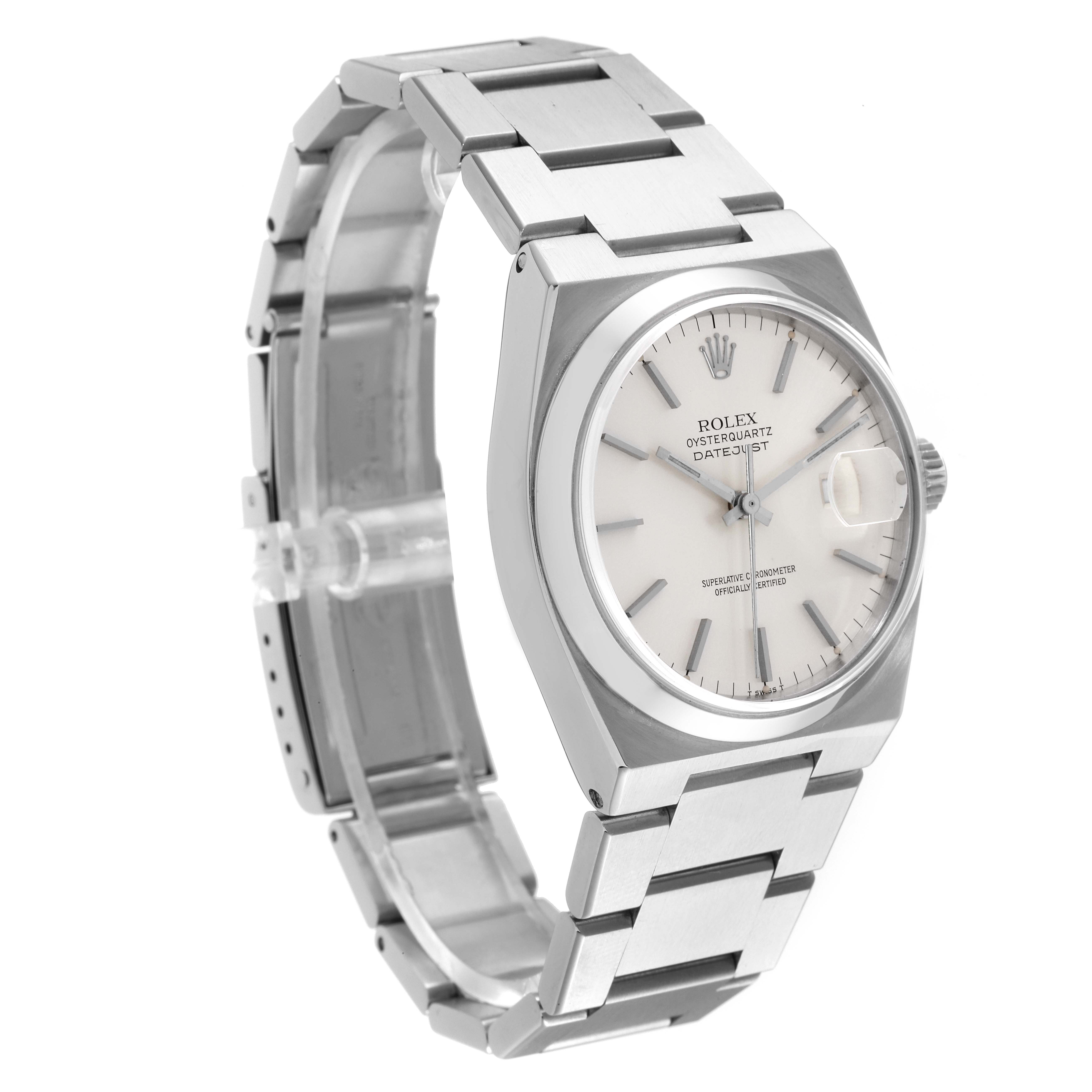 The image shows a Rolex Oysterquartz 17000 Men
s Stainless Steel Silver Dial 17000 Men
s Stainless Steel Silver Dial Datejust watch, angled to display its face, bracelet, and crown.