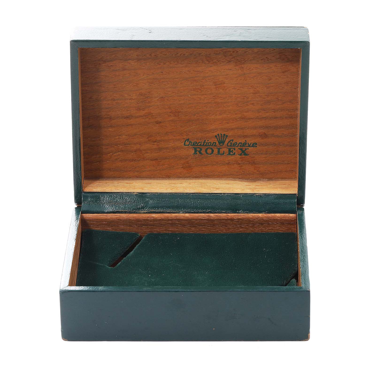 The image shows an open wooden Rolex watch box for the Oysterquartz model, with "Creation Geneve ROLEX" inscribed inside.