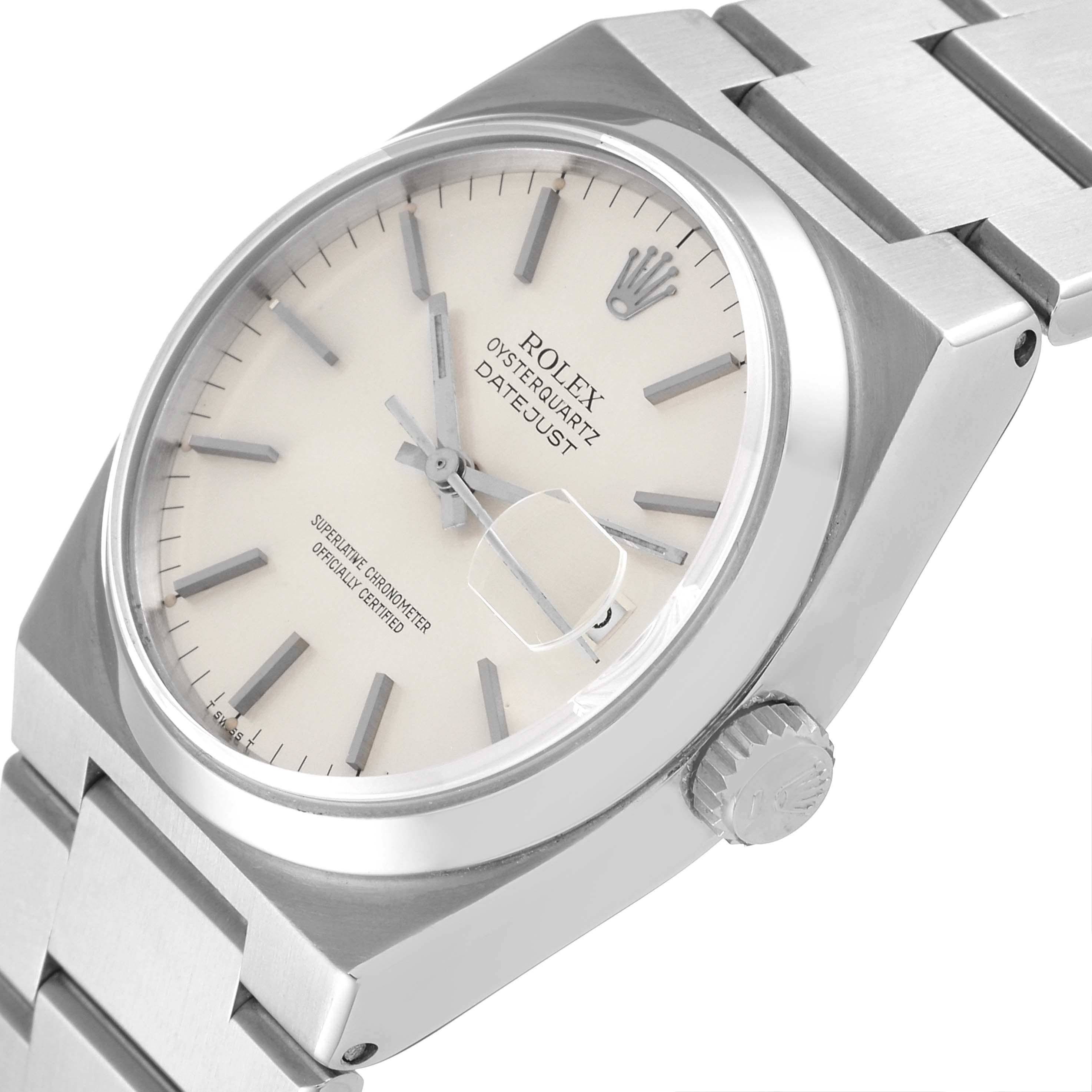 The image shows a close-up angled view of the dial, crown, and part of the bracelet of a Rolex Oysterquartz 17000 Men
s Stainless Steel Silver Dial 17000 Men
s Stainless Steel Silver Dial Datejust watch.