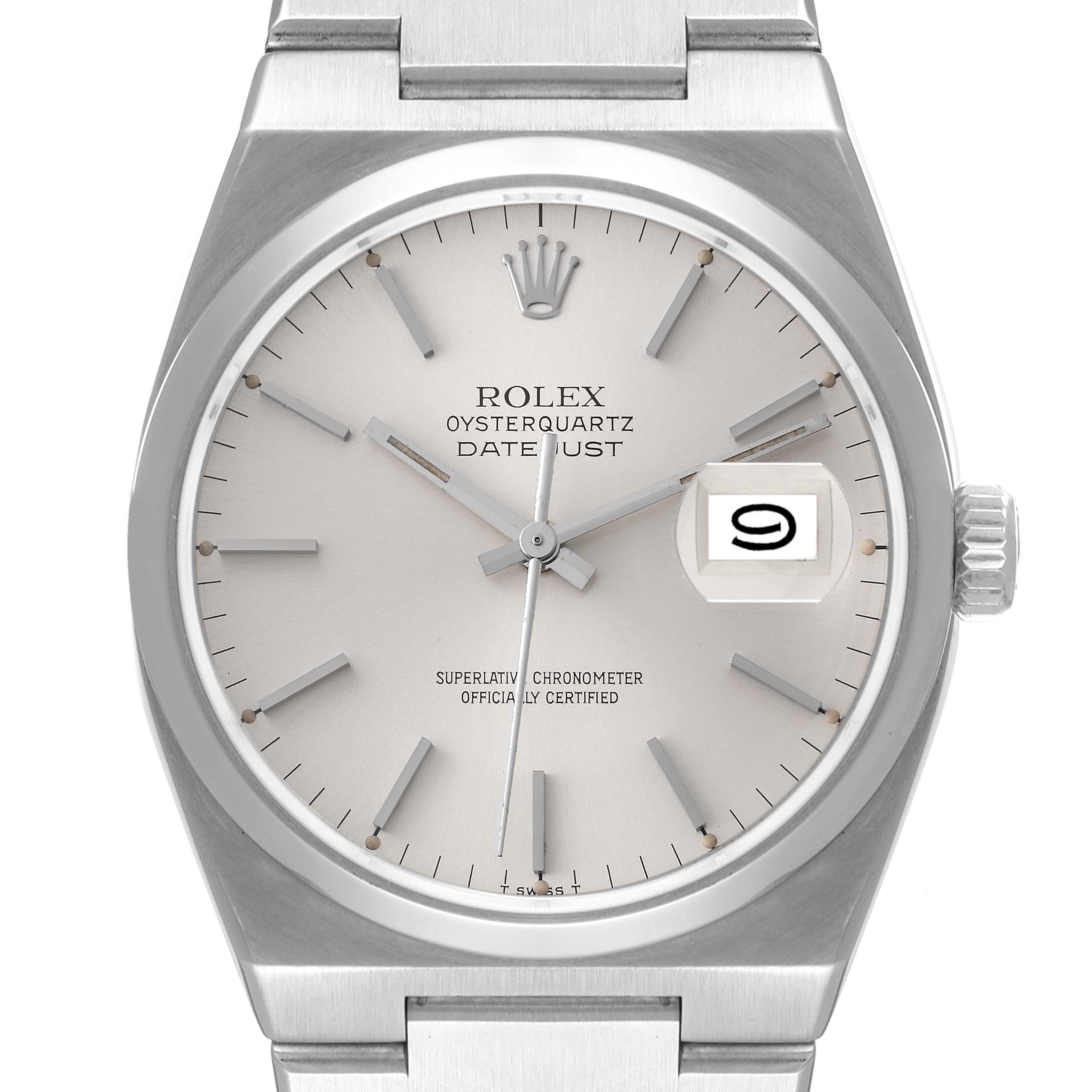 This image shows a frontal view of a Rolex Oysterquartz 17000 Men
s Stainless Steel Silver Dial 17000 Men
s Stainless Steel Silver Dial Datejust watch, showcasing the dial, hands, hour markers, and part of the bracelet.