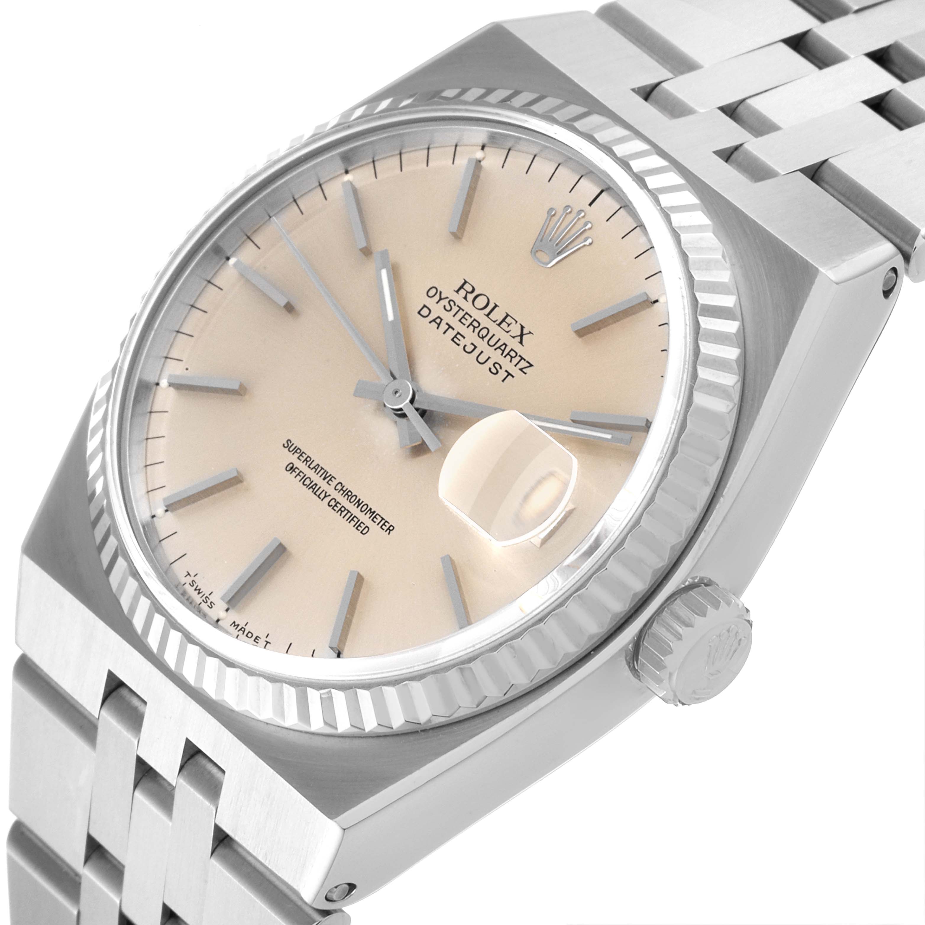 This image shows a Rolex Oysterquartz 17014 Men's Stainless Steel Silver Dial 17014 Men's Stainless Steel Silver Dial Datejust model watch, angled to display the dial, bezel, crown, and part of the bracelet.