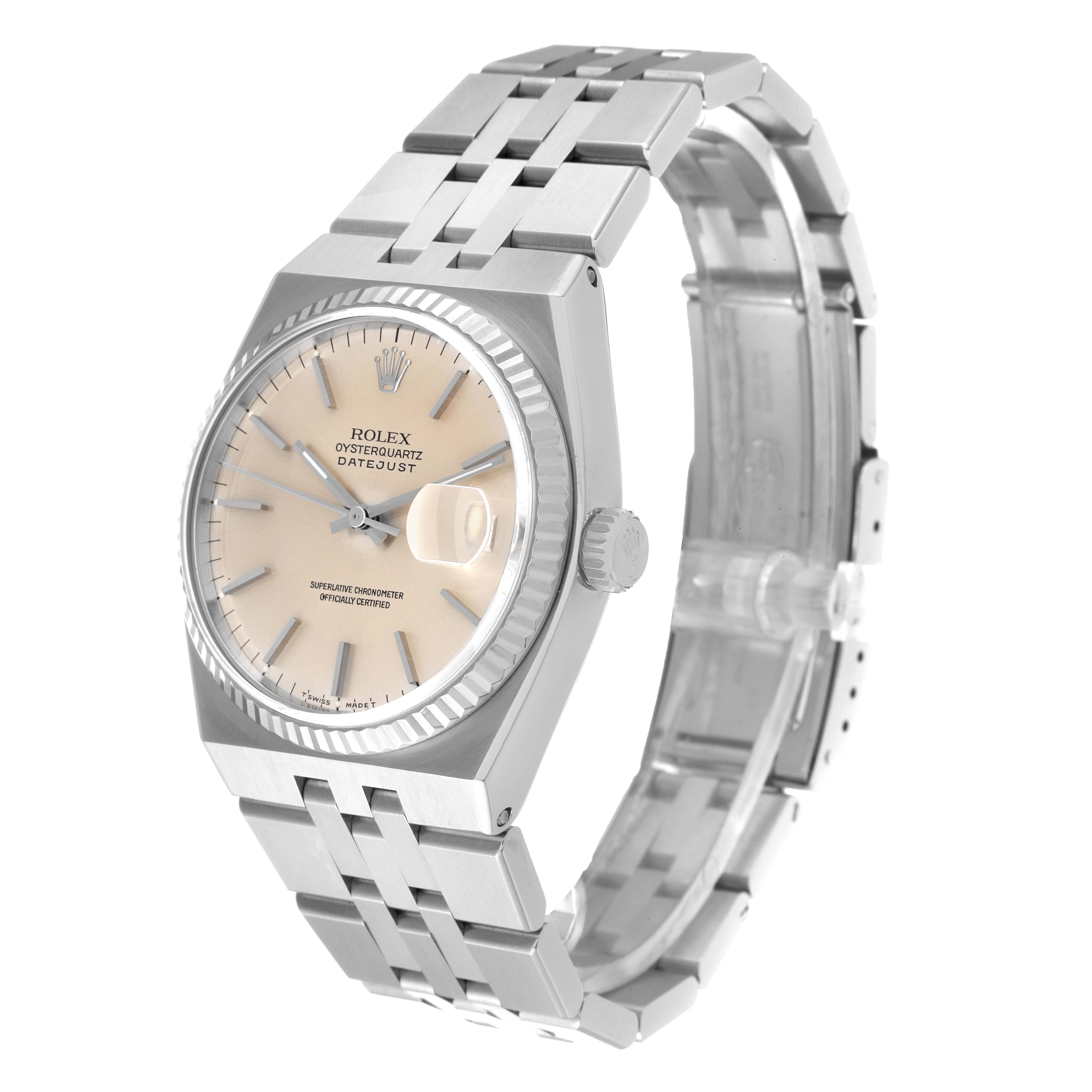 The image shows the Rolex Oysterquartz 17014 Men's Stainless Steel Silver Dial 17014 Men's Stainless Steel Silver Dial Datejust watch at a three-quarter angle, highlighting the dial, bezel, bracelet, and crown.