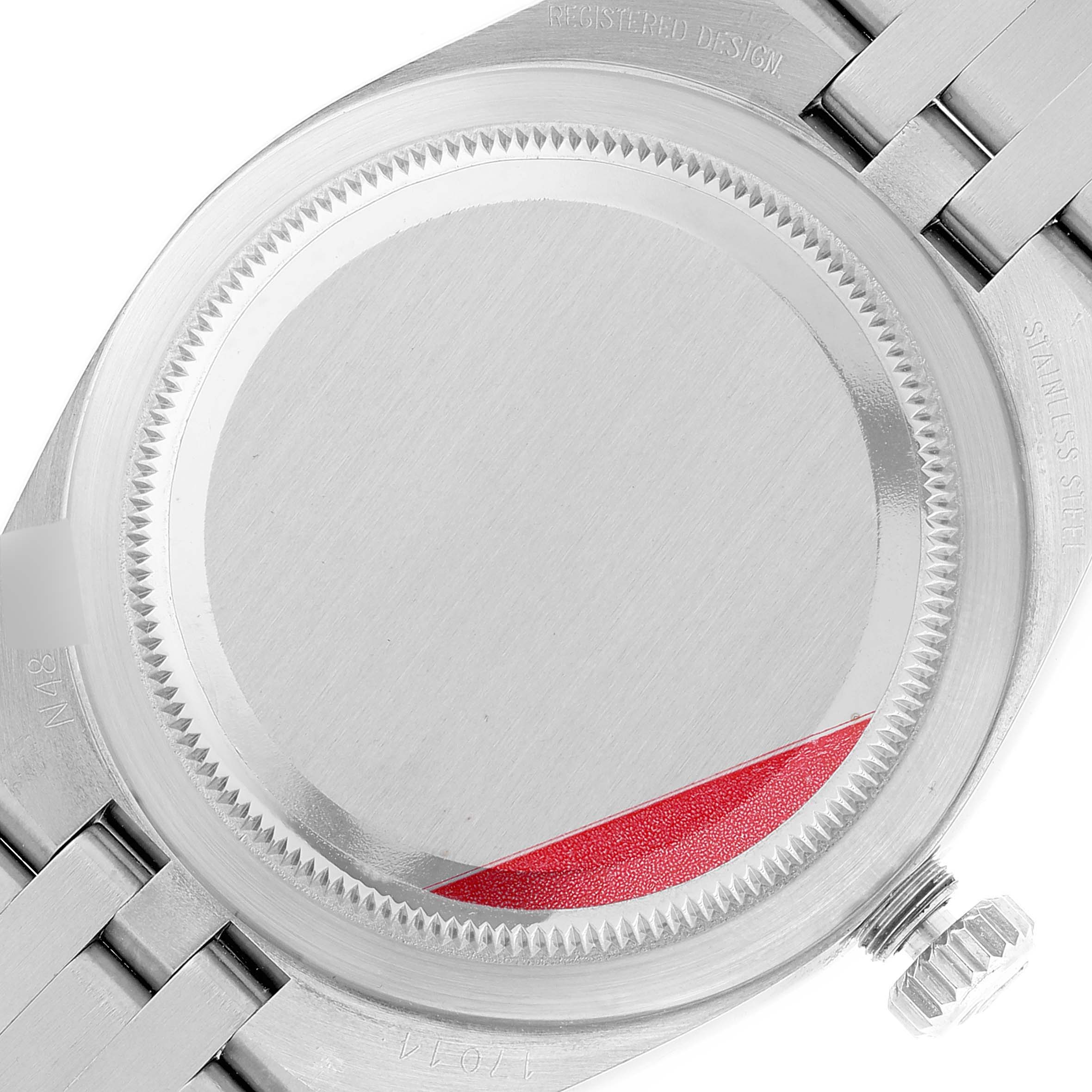 The image shows the back case of a Rolex Oysterquartz 17014 Men's Stainless Steel Silver Dial 17014 Men's Stainless Steel Silver Dial watch, displaying its stainless steel design and threaded crown.