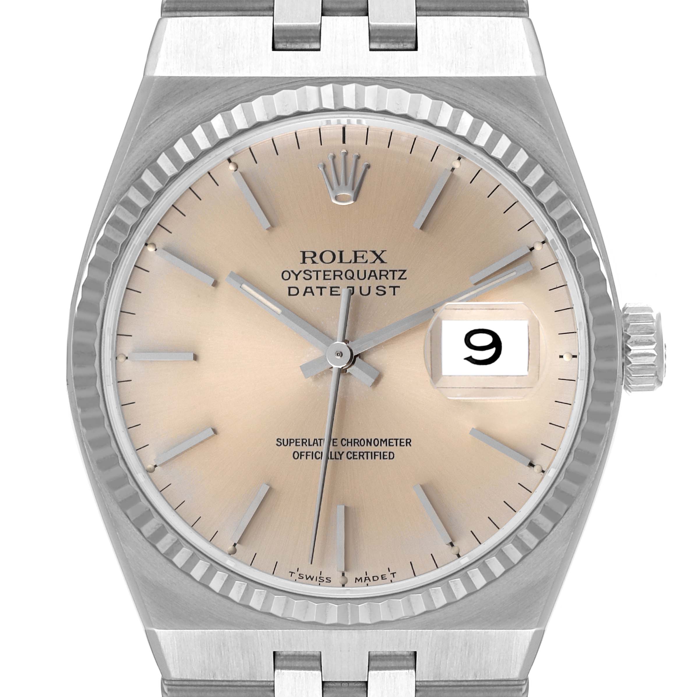 The Rolex Oysterquartz 17014 Men's Stainless Steel Silver Dial 17014 Men's Stainless Steel Silver Dial watch is shown from the front, detailing the dial, date window, hands, crown, and part of the bracelet.