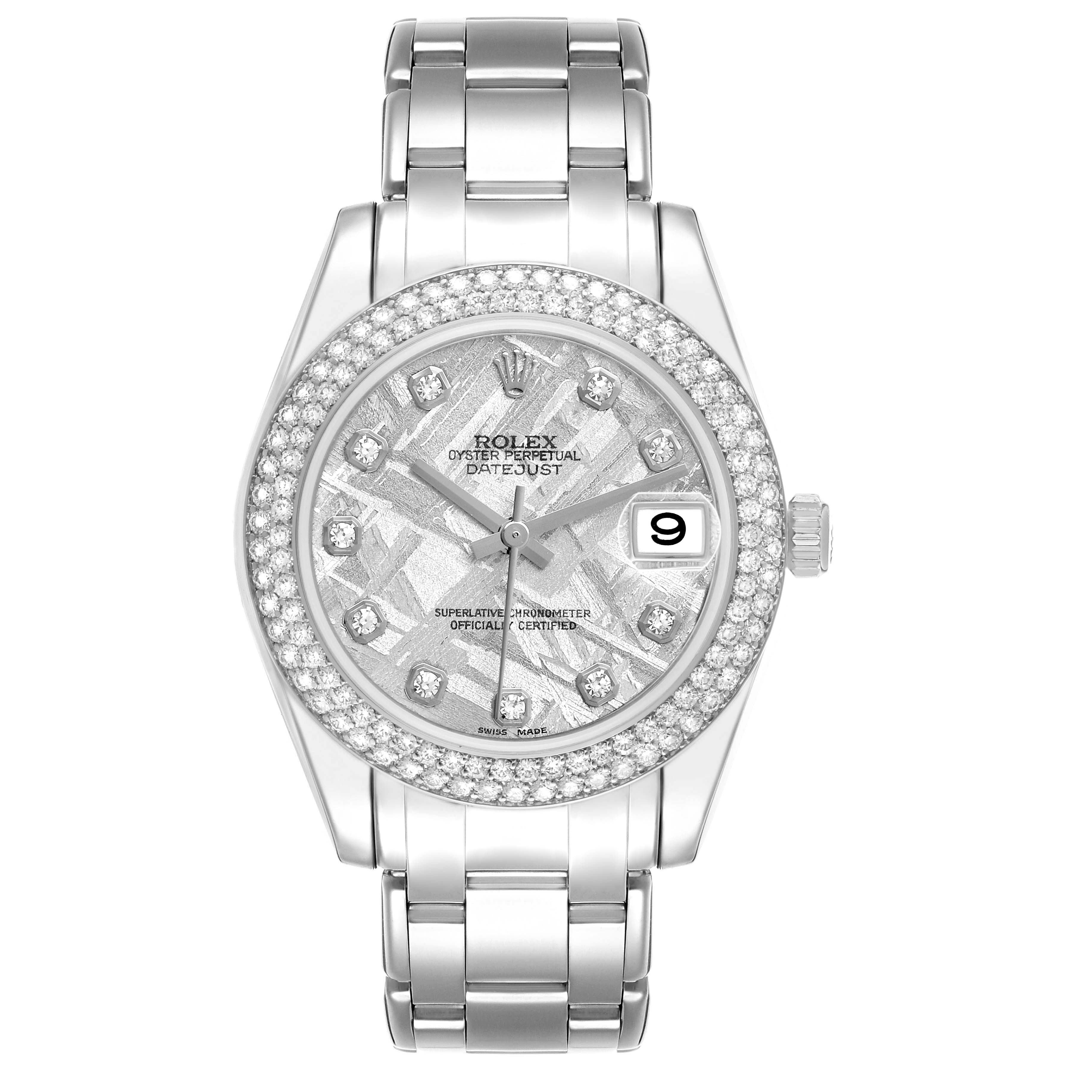 The Rolex Pearlmaster 81339 Women's White Gold Silver Dial watch is shown from a front angle, displaying the face, bezel, and part of the bracelet.