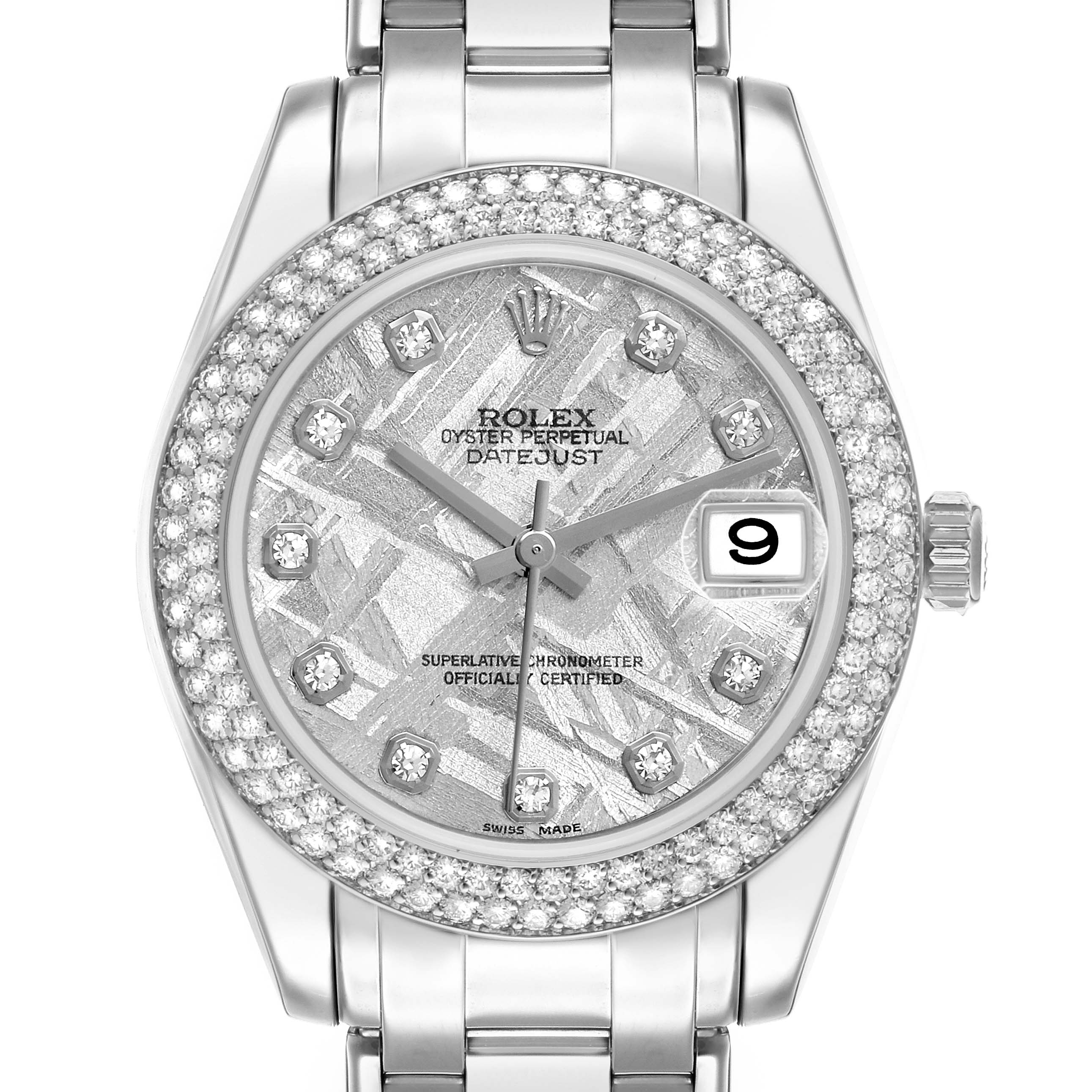 The Rolex Pearlmaster 81339 Women's White Gold Silver Dial watch is shown from a top view, highlighting the dial, diamond bezel, and part of the bracelet.