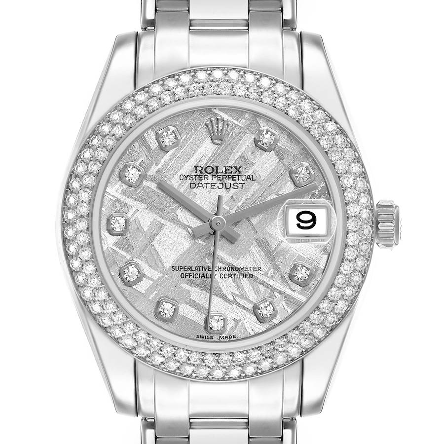 The Rolex Pearlmaster 81339 Women's White Gold Silver Dial watch is shown from a top view, highlighting the dial, diamond bezel, and part of the bracelet.