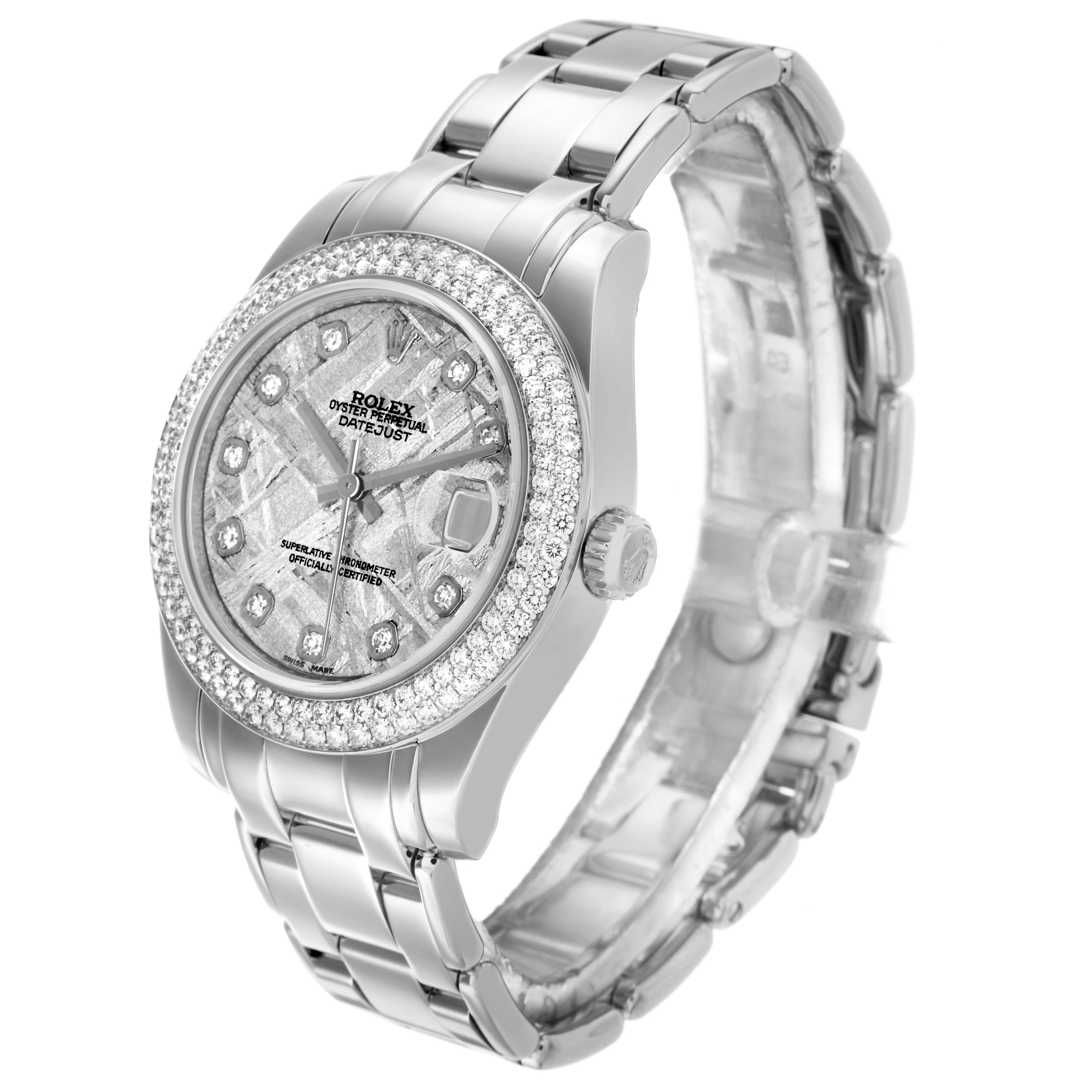 The Rolex Pearlmaster 81339 Women's White Gold Silver Dial watch is shown at a three-quarter angle, highlighting the face, bezel, crown, and bracelet.