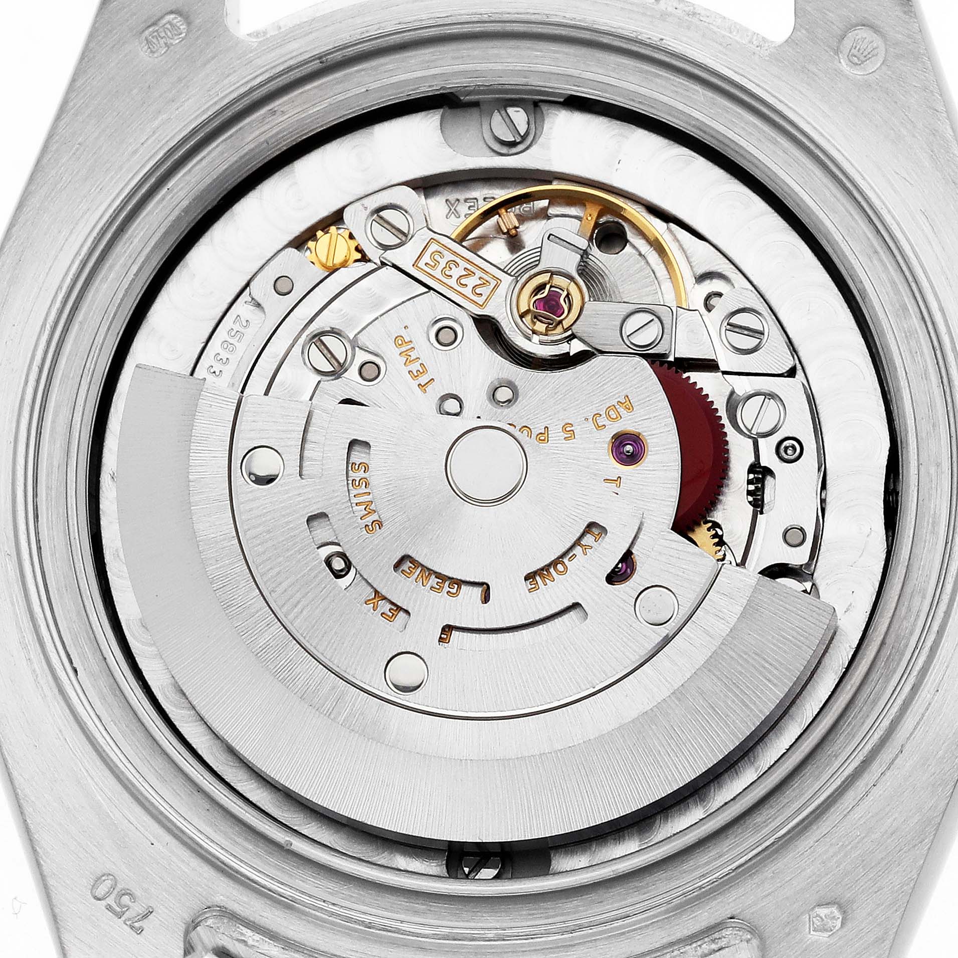 The image shows the movement mechanism of a Rolex Pearlmaster 81339 Women's White Gold Silver Dial watch from a top-down angle.