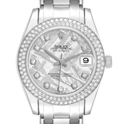 The Rolex Pearlmaster 81339 Women's White Gold Silver Dial is shown from a top-down view, highlighting its diamond-set bezel, dial details, and bracelet.