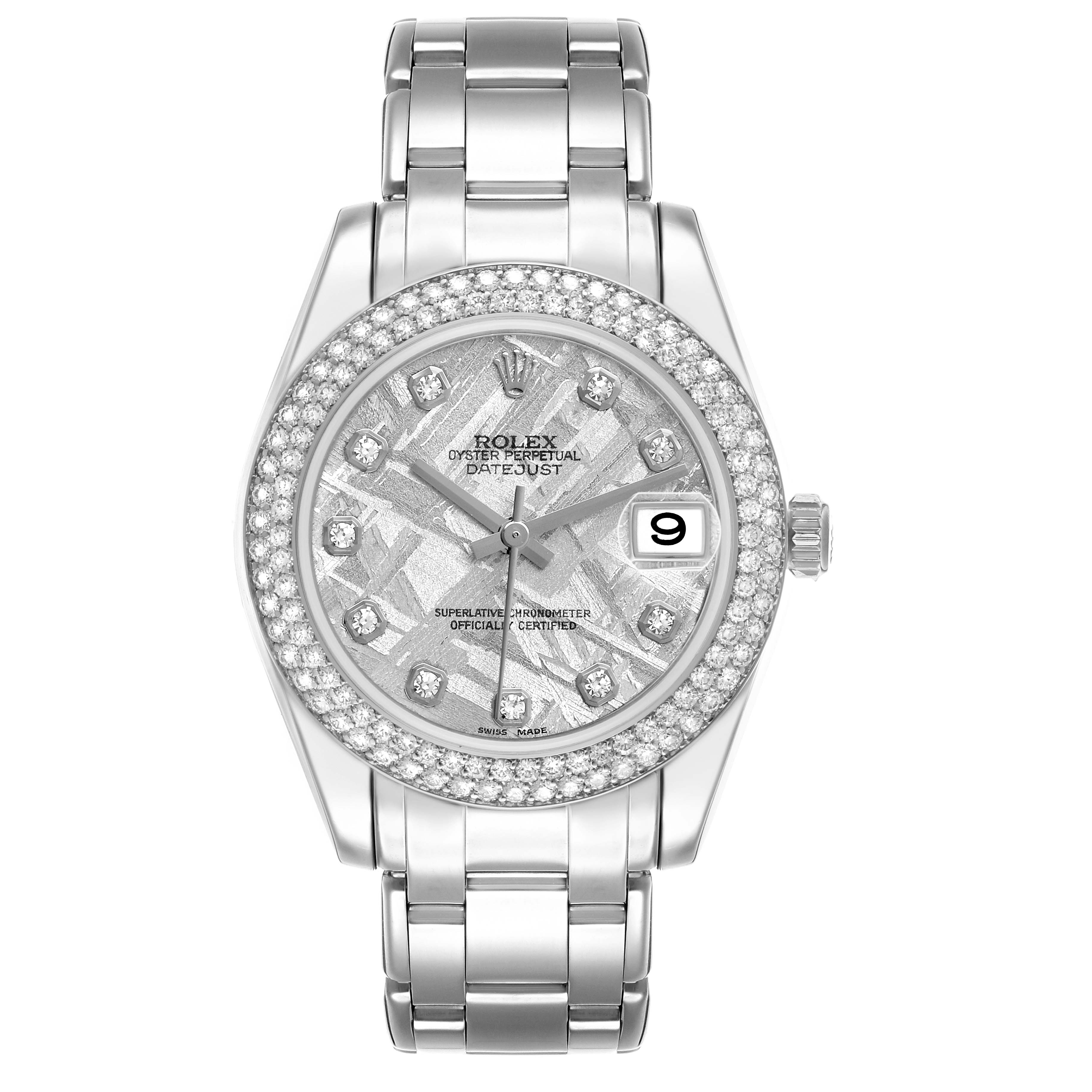 The Rolex Pearlmaster 81339 Women's White Gold Silver Dial watch is shown from a top-down angle, highlighting its face, bezel, and bracelet.