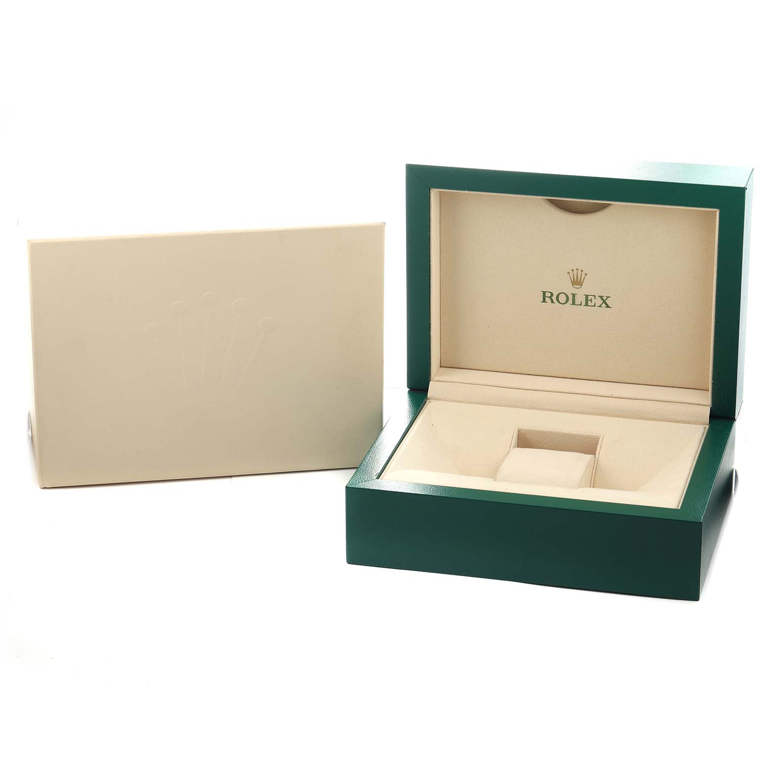 The image shows a Rolex Pearlmaster 81339 Women's White Gold Silver Dial watch box and outer packaging from a front angle, with the inner box open.