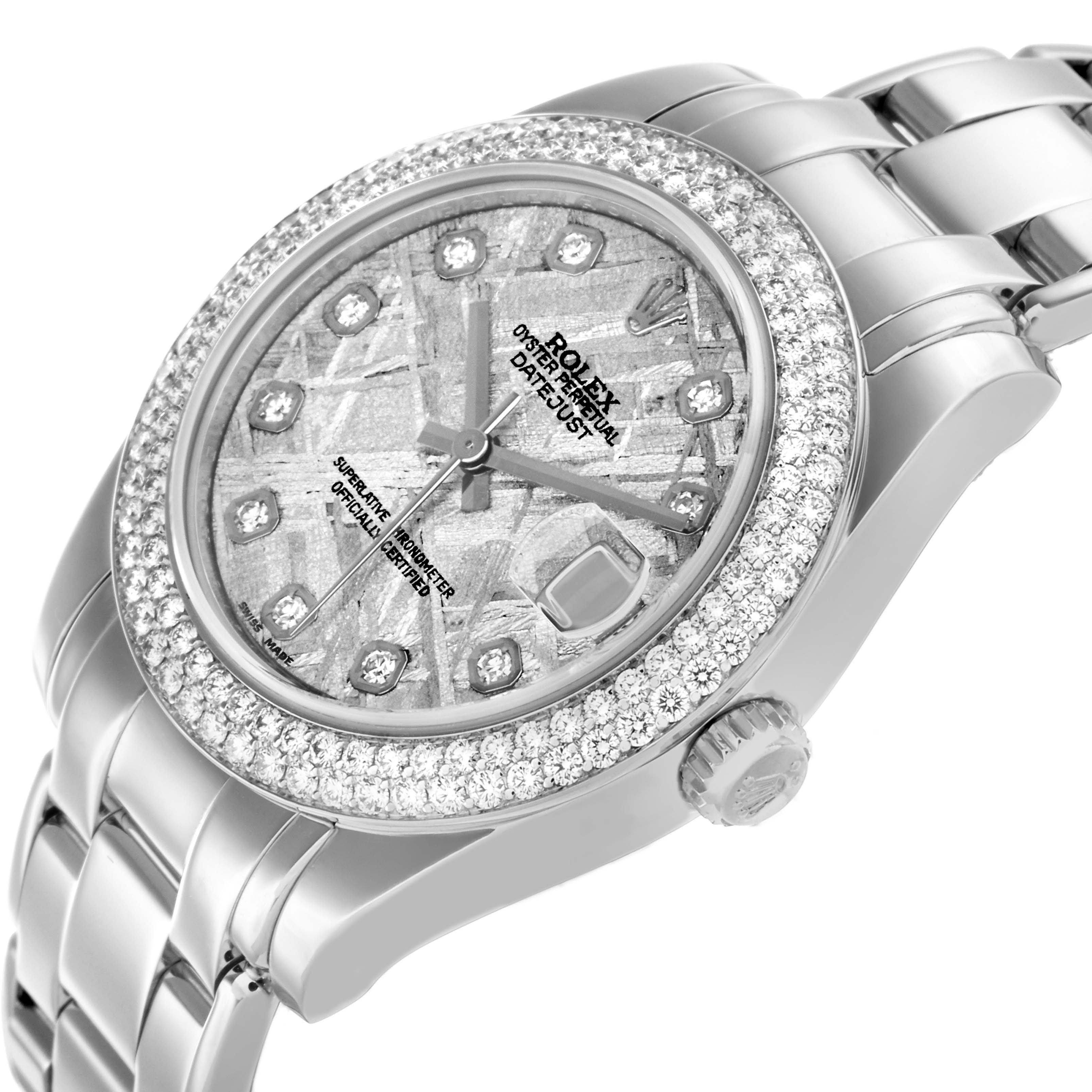 The Rolex Pearlmaster 81339 Women's White Gold Silver Dial watch is shown at an angle highlighting its diamond bezel, textured dial, and bracelet.