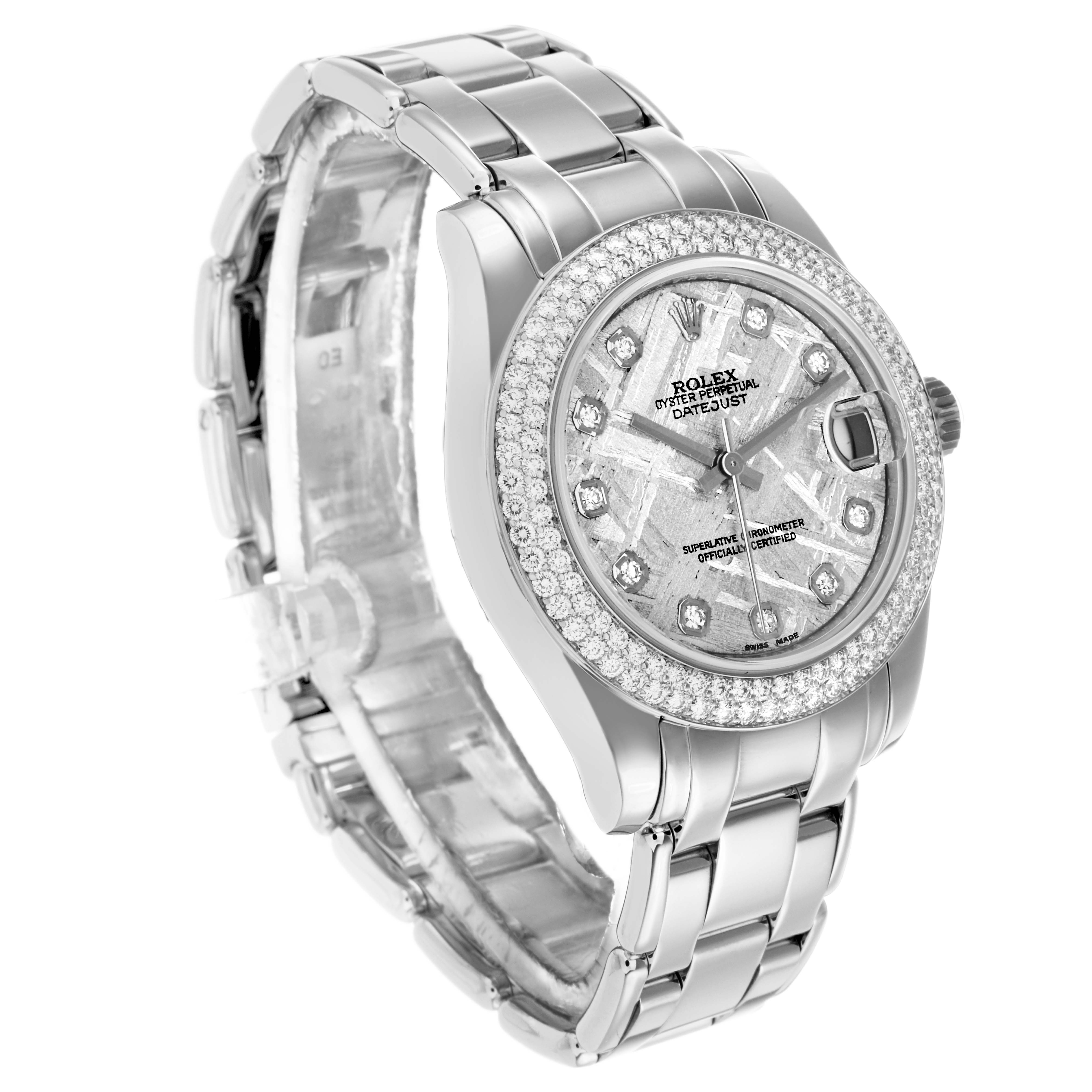 The Rolex Pearlmaster 81339 Women's White Gold Silver Dial watch is shown at a three-quarter angle, displaying its diamond bezel, face, and metal bracelet.