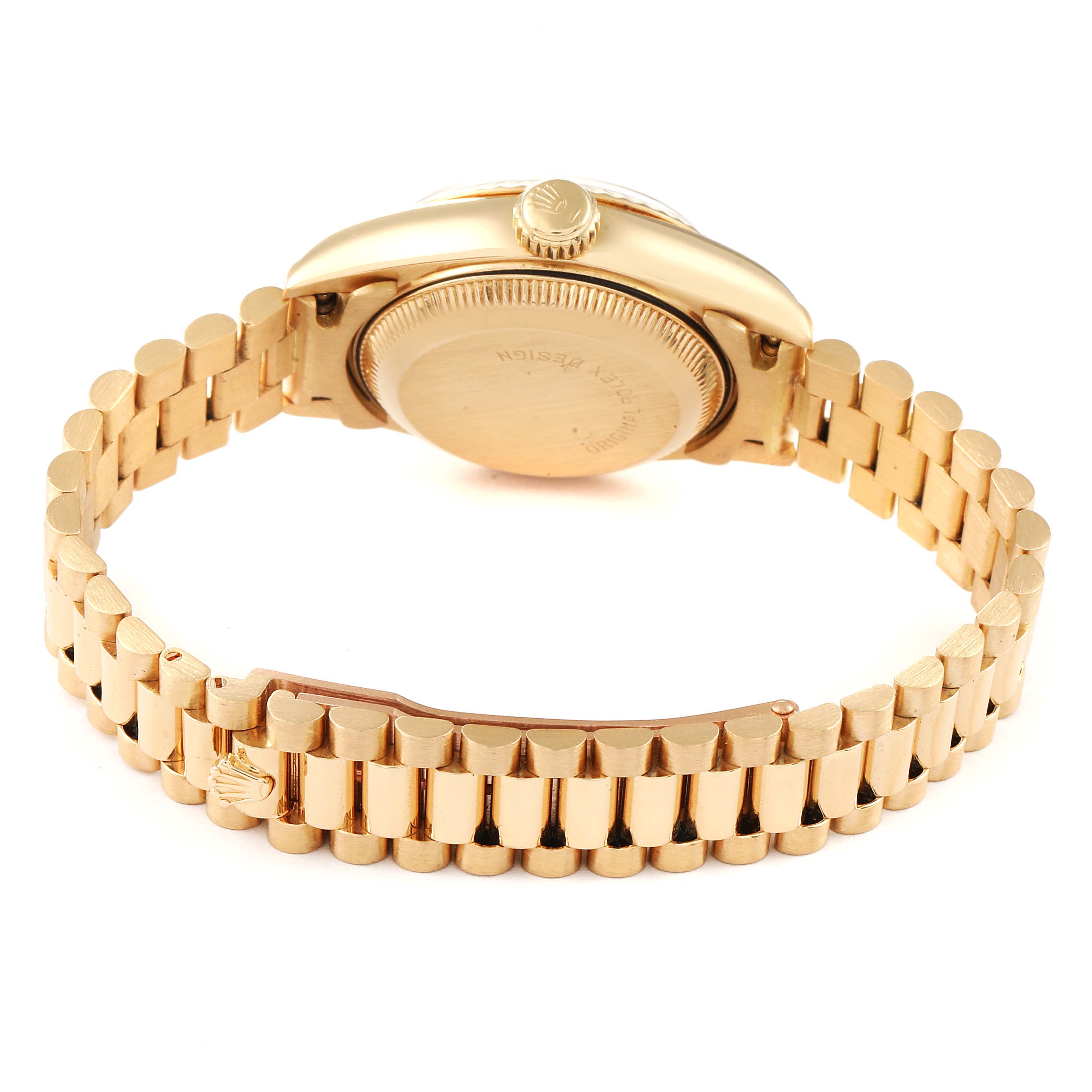 The image shows the backside and bracelet of a Rolex President 69178 Women's Yellow Gold Black Dial 69178 Women's Yellow Gold Black Dial model watch from a rear angle.