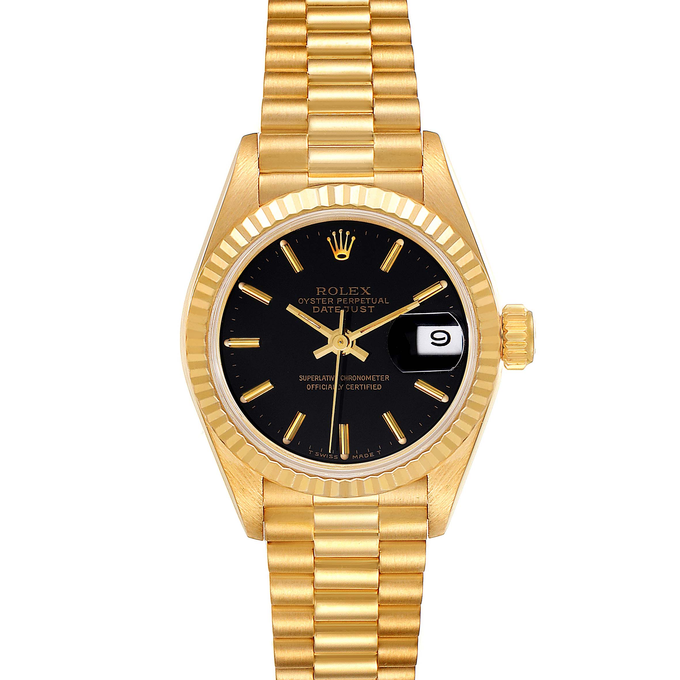 The image shows a Rolex President 69178 Women's Yellow Gold Black Dial 69178 Women's Yellow Gold Black Dial model watch face-on, displaying the gold bracelet, black dial, date window, and crown.