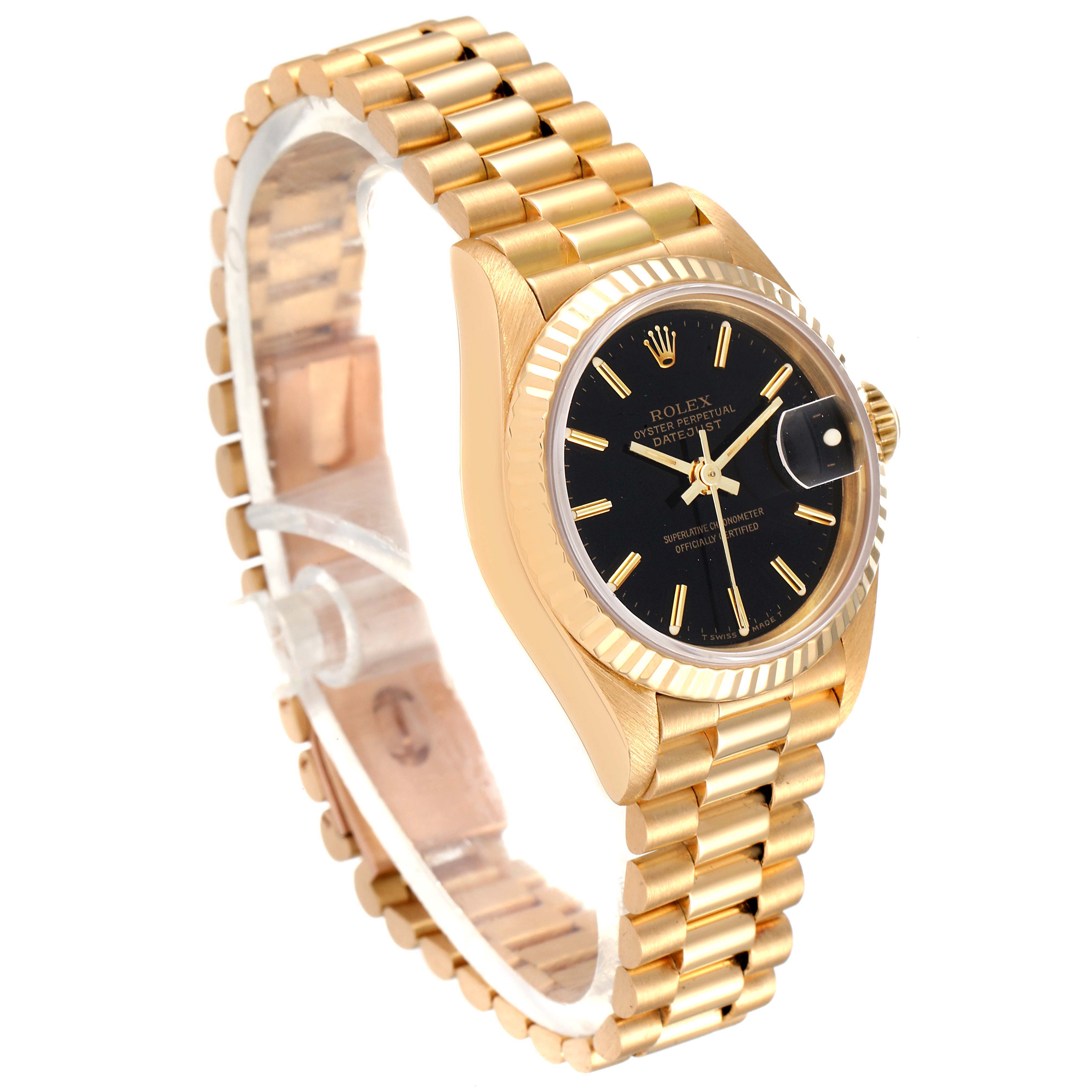 The image shows a side angle of a Rolex President 69178 Women's Yellow Gold Black Dial 69178 Women's Yellow Gold Black Dial model watch, highlighting its black dial, fluted bezel, and gold President bracelet.
