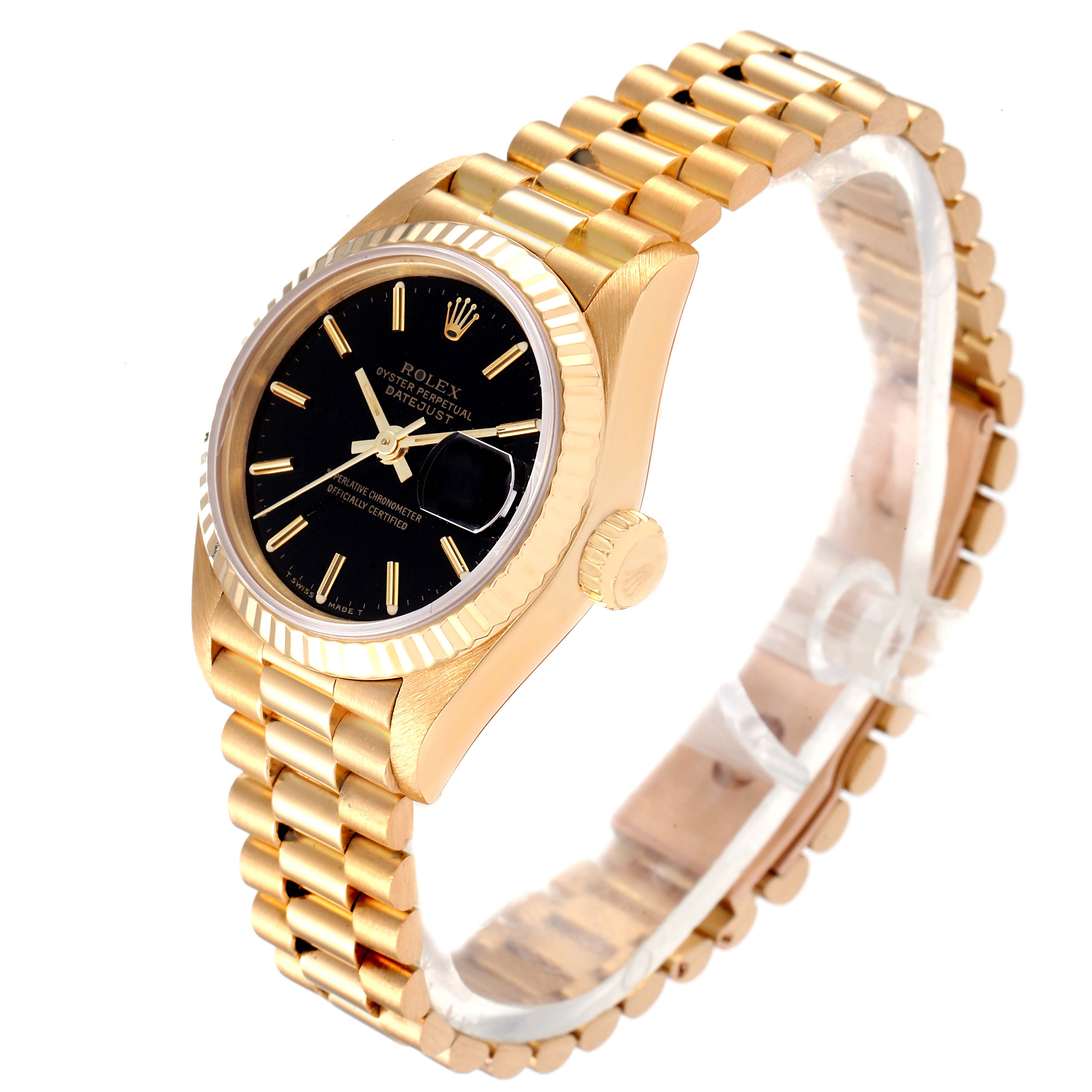 The image shows a Rolex President 69178 Women's Yellow Gold Black Dial 69178 Women's Yellow Gold Black Dial model watch from a three-quarter angle, displaying the black dial, bezel, and gold bracelet.