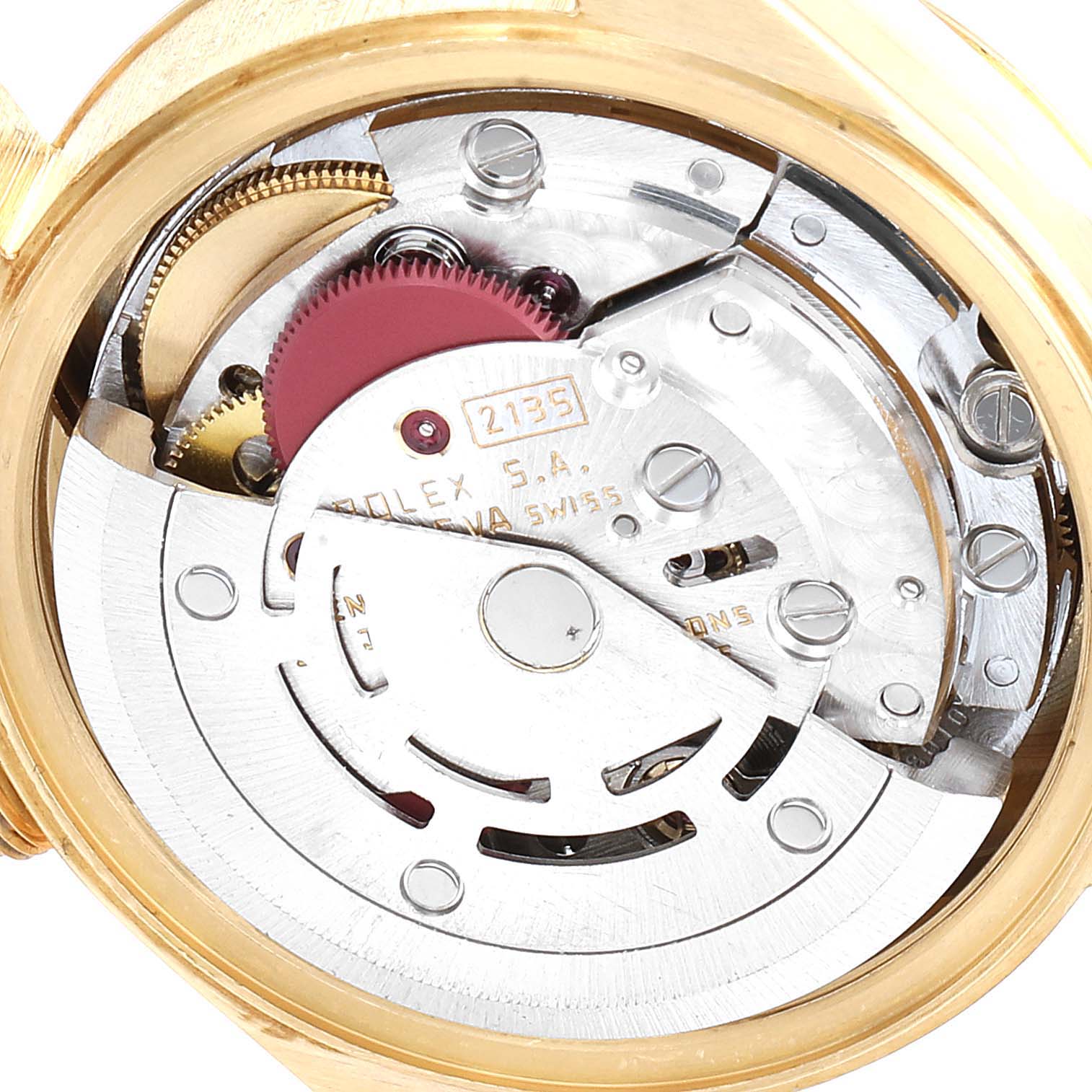 The image shows an internal close-up view of the Rolex President 69178 Women's Yellow Gold Black Dial 69178 Women's Yellow Gold Black Dial model watch mechanism.