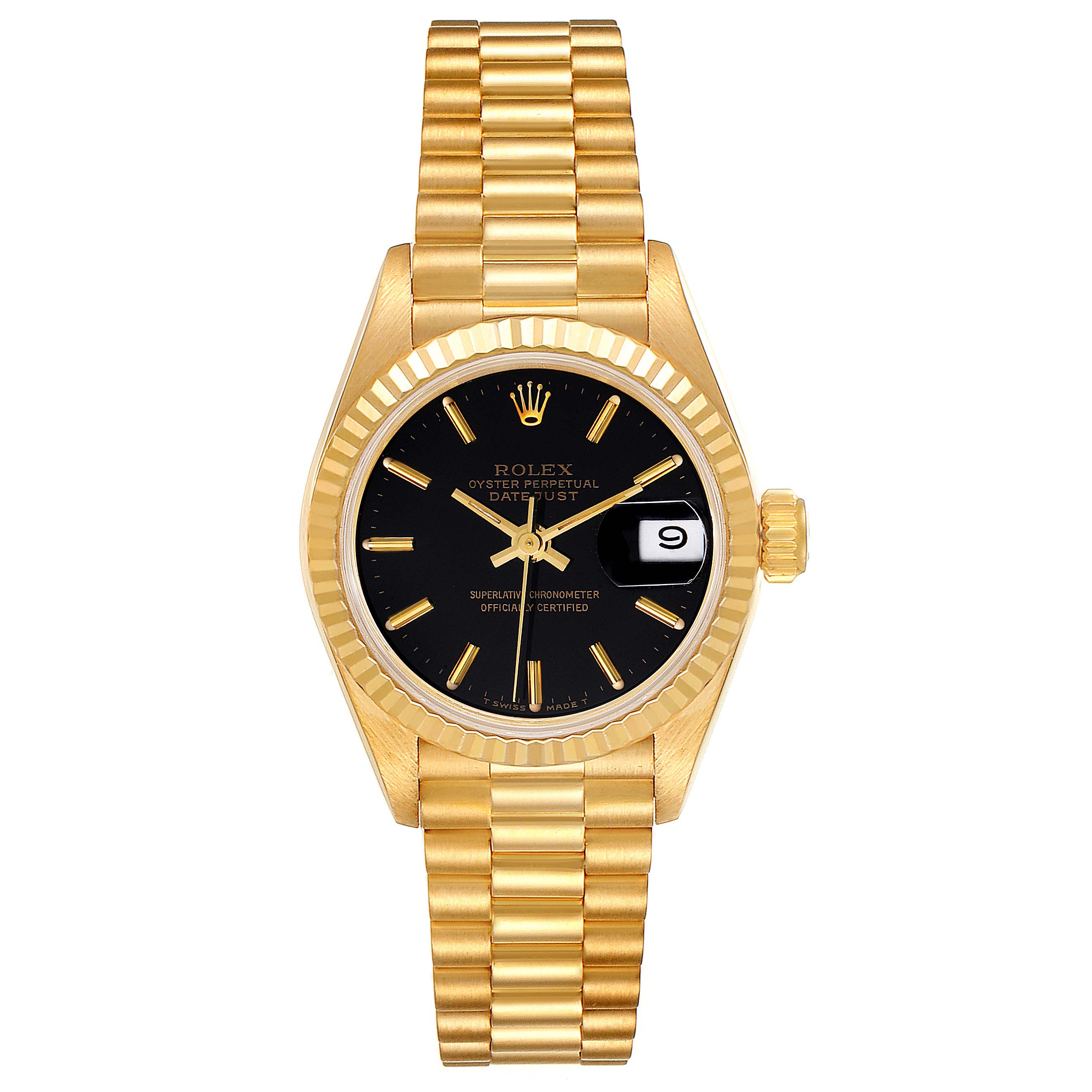 This is a front view of a Rolex President 69178 Women's Yellow Gold Black Dial 69178 Women's Yellow Gold Black Dial watch, showcasing its gold bracelet, black dial, date window, and fluted bezel.