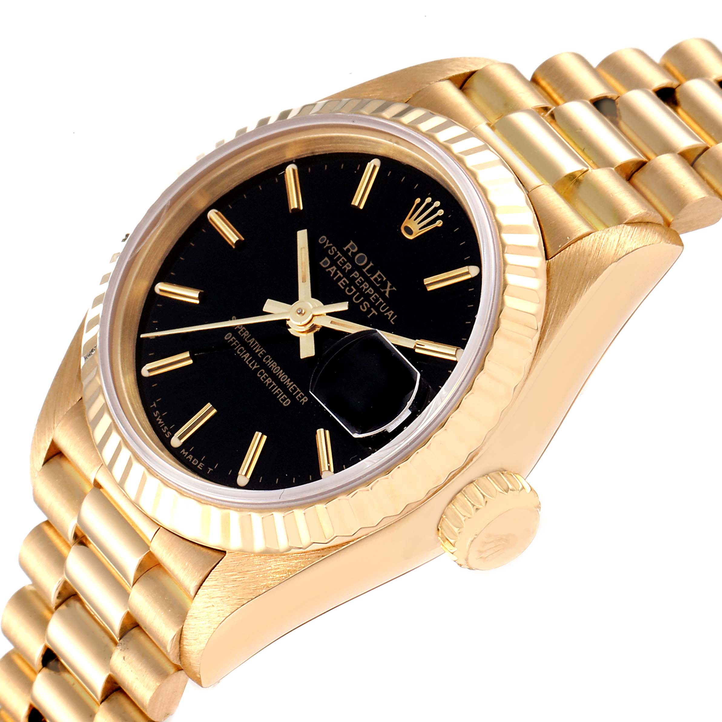 The Rolex President 69178 Women's Yellow Gold Black Dial 69178 Women's Yellow Gold Black Dial model watch is shown at an angled close-up, highlighting the dial, bezel, crown, and bracelet.