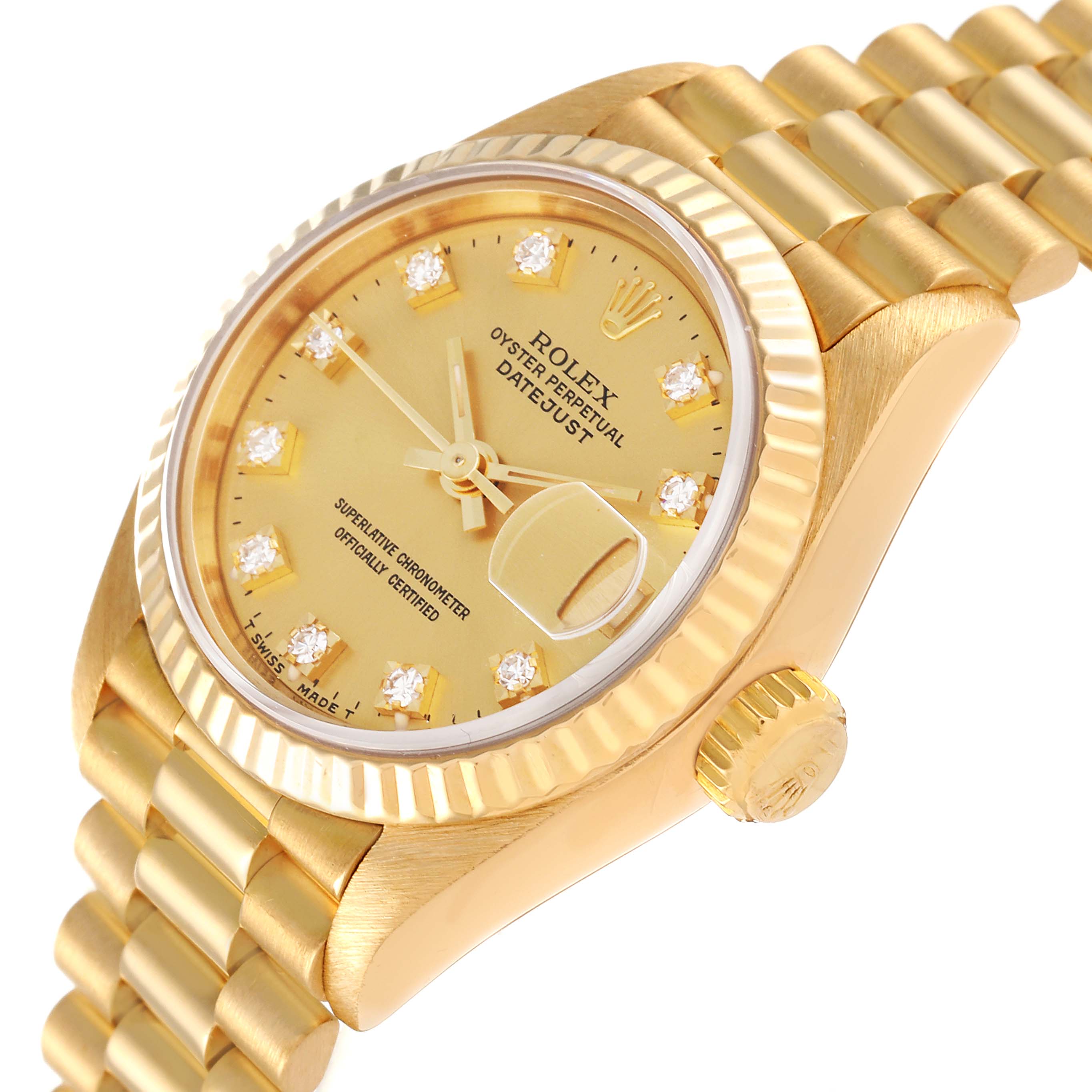 The image shows a close-up angled view of a Rolex President 69178 Women
s Yellow Gold Champagne Dial 69178 Women
s Yellow Gold Champagne Dial model watch, highlighting its gold dial, bezel, and bracelet.
