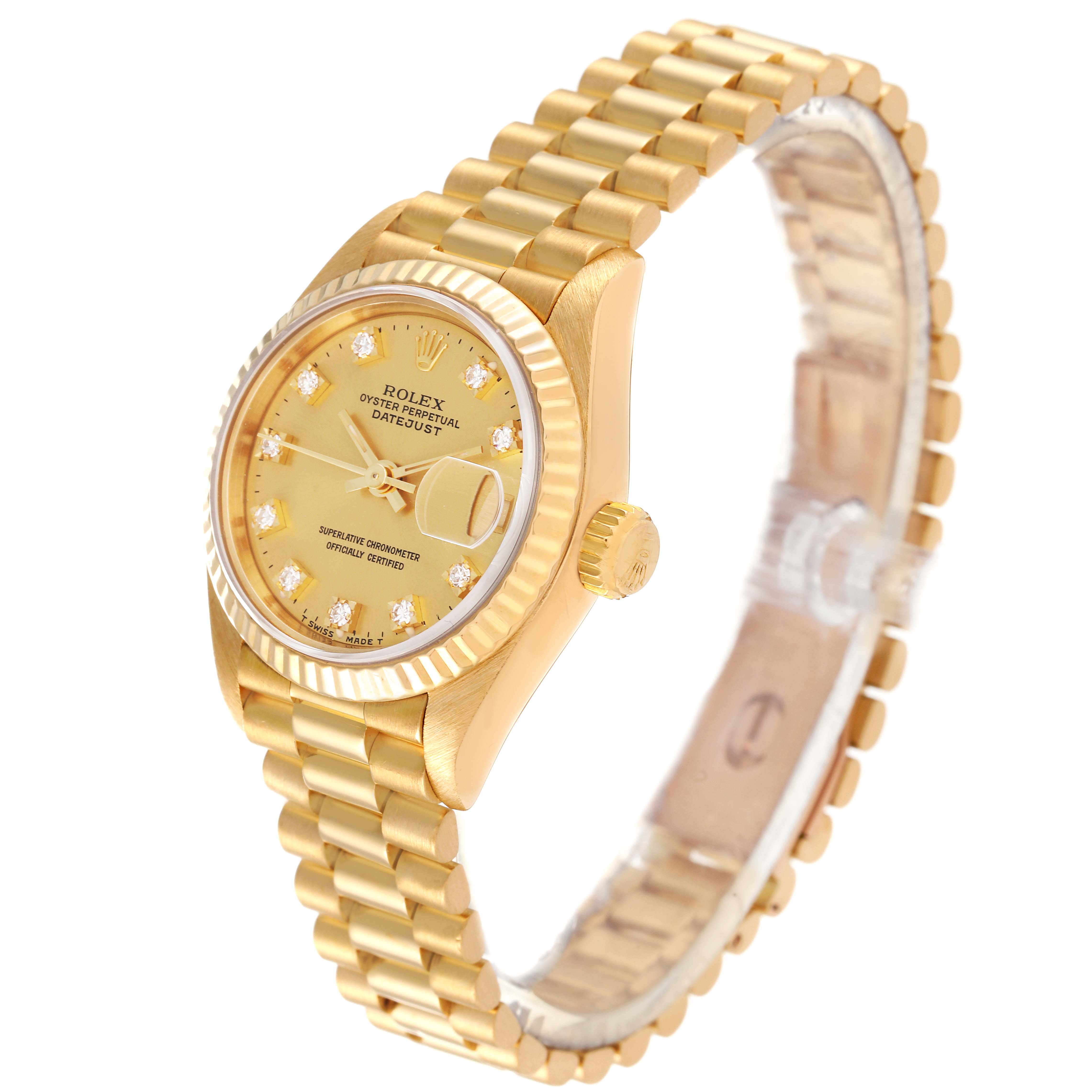 The Rolex President 69178 Women
s Yellow Gold Champagne Dial 69178 Women
s Yellow Gold Champagne Dial model watch is shown at a slight angle, displaying the face, bracelet, and crown.