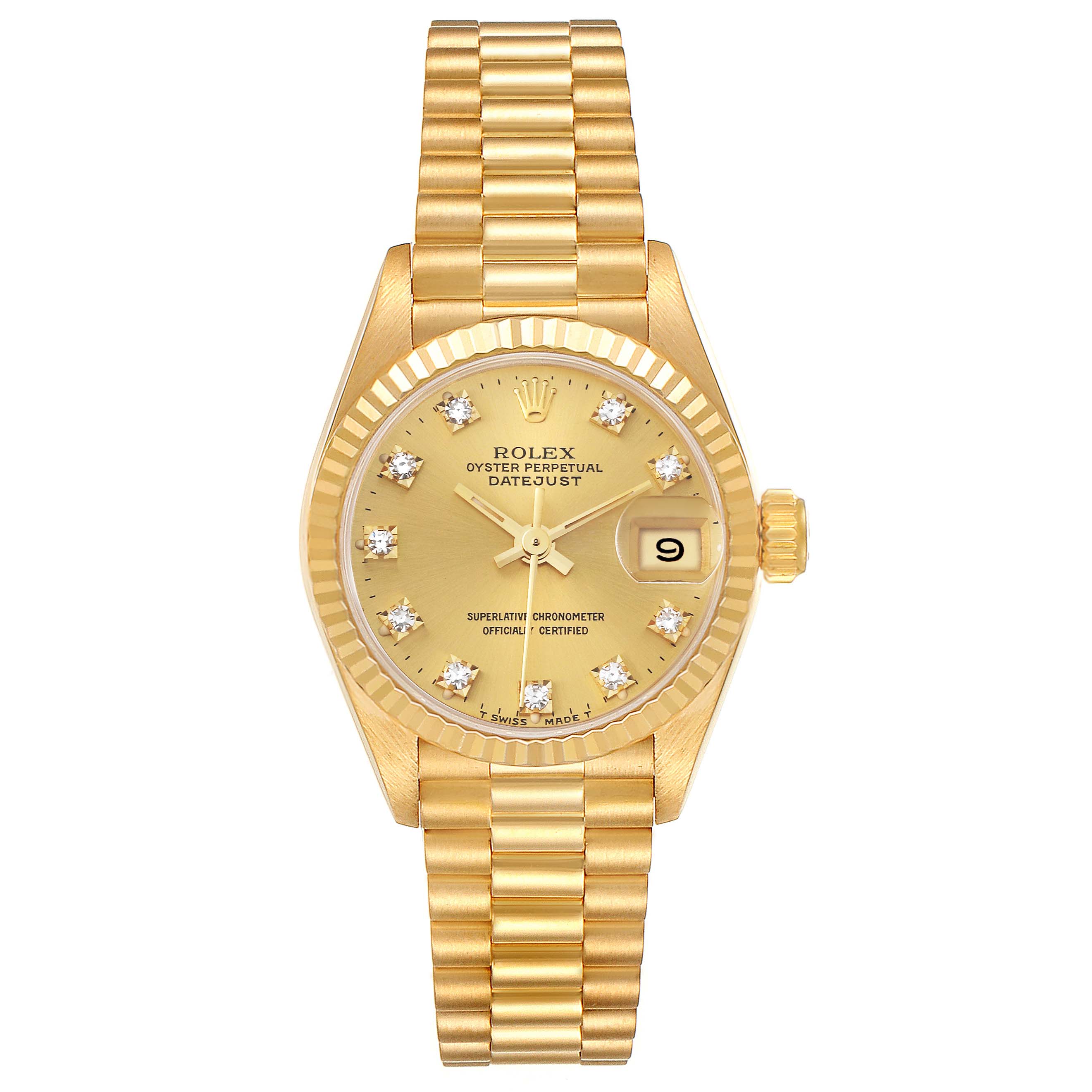The image shows a Rolex President 69178 Women
s Yellow Gold Champagne Dial 69178 Women
s Yellow Gold Champagne Dial model watch, photographed from the front, displaying its gold bracelet and diamond-studded dial.