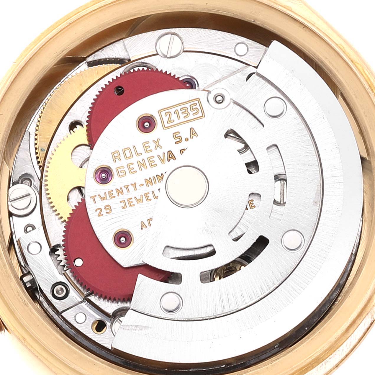 This image shows the internal mechanism of a Rolex President 69178 Women
s Yellow Gold Champagne Dial 69178 Women
s Yellow Gold Champagne Dial model watch from a top-down angle.