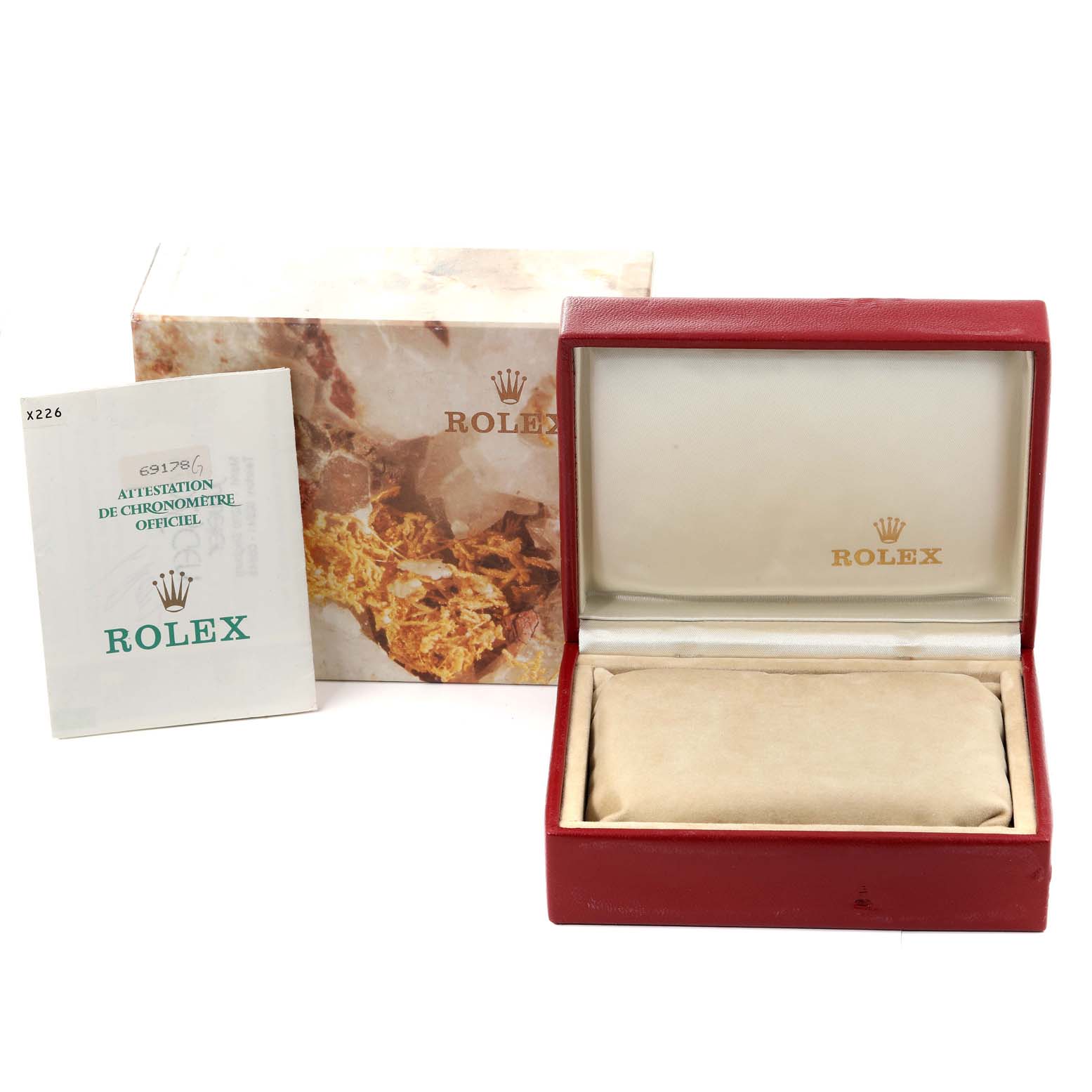 The image shows the box, cushion, and certificate for a Rolex President 69178 Women
s Yellow Gold Champagne Dial 69178 Women
s Yellow Gold Champagne Dial model watch. The angle captures them straight-on.