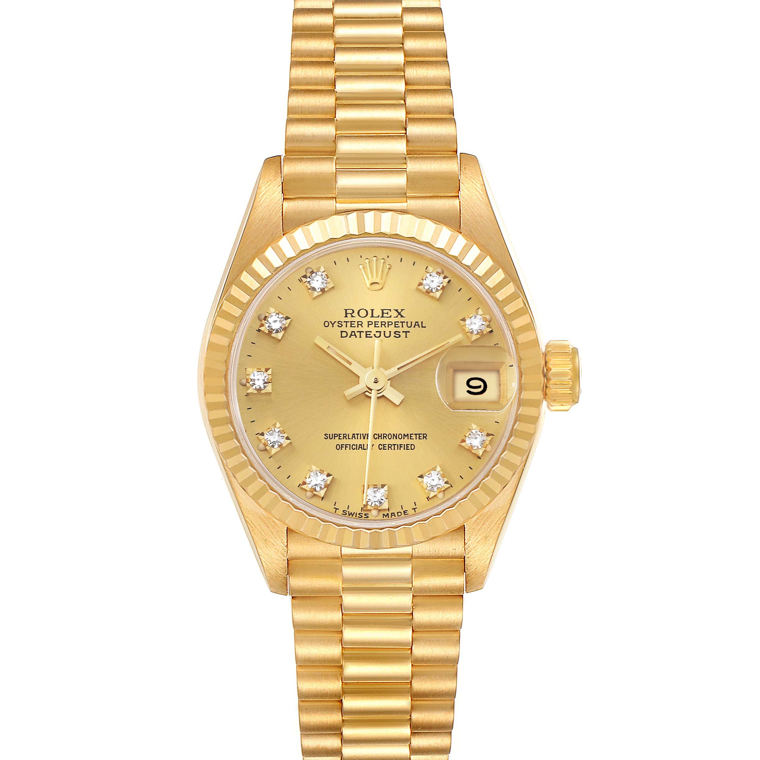 The image shows a frontal view of a Rolex President 69178 Women
s Yellow Gold Champagne Dial 69178 Women
s Yellow Gold Champagne Dial Datejust watch, featuring a gold dial and bracelet.