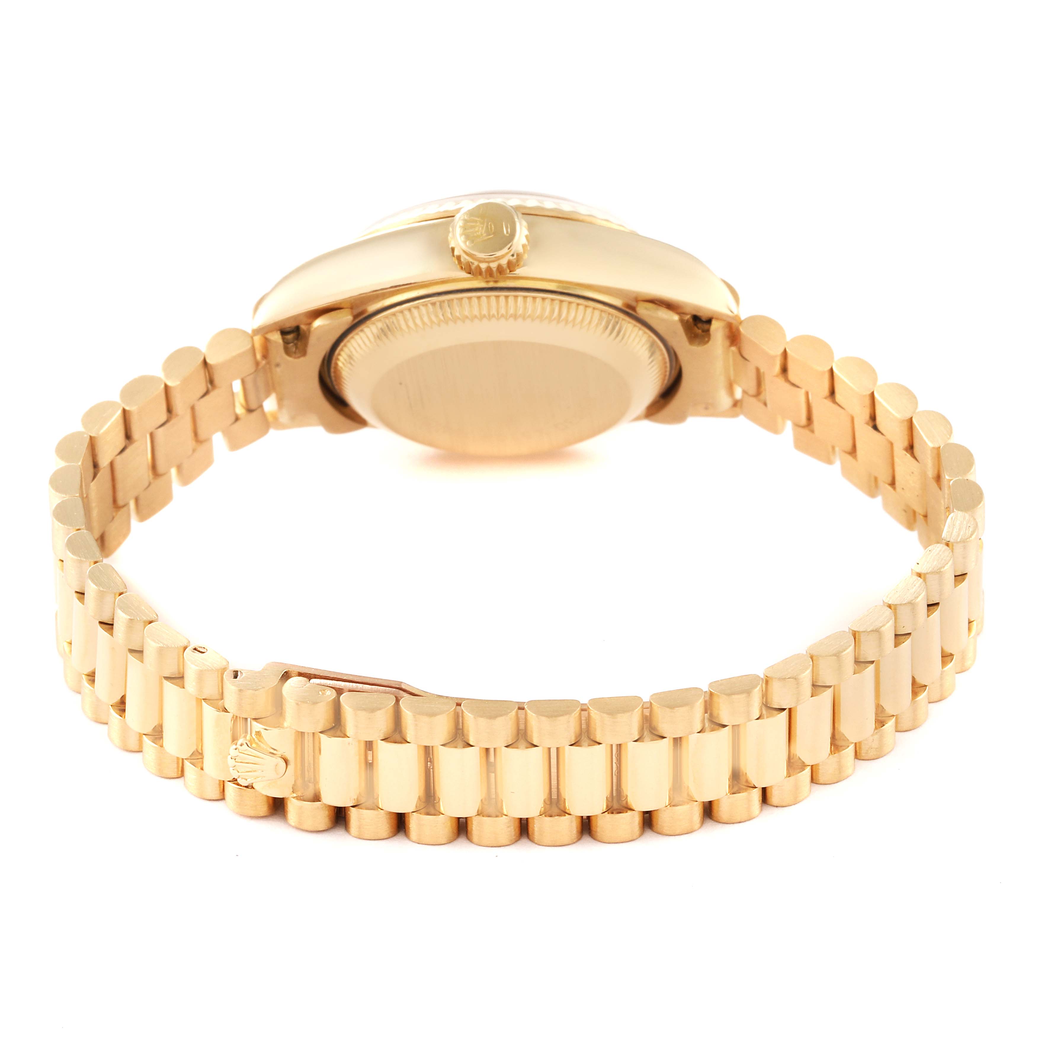 The image shows the case back and bracelet of the Rolex President 69178 Women
s Yellow Gold Champagne Dial 69178 Women
s Yellow Gold Champagne Dial model watch from a rear angle.