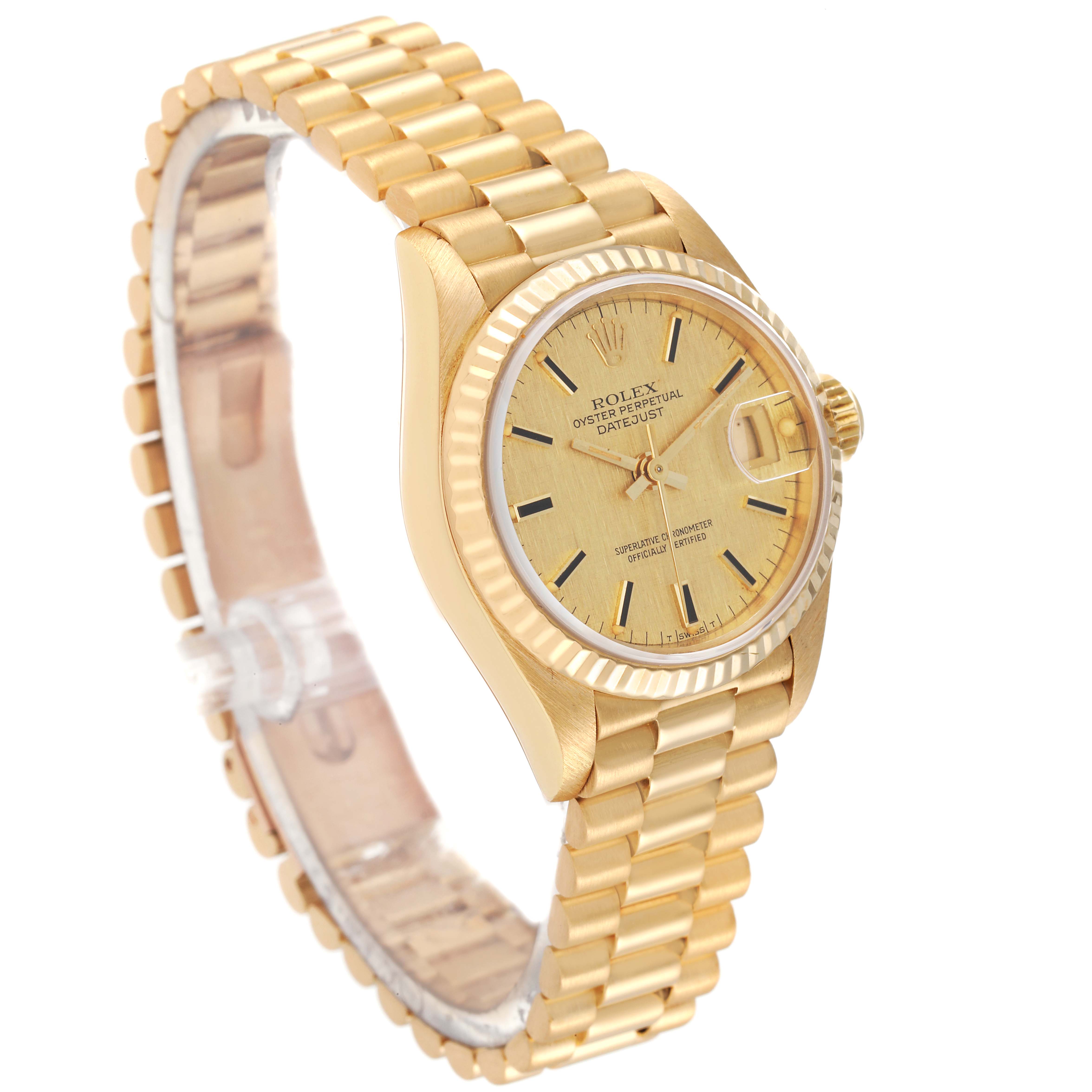 This image shows a side-angle view of a Rolex President 69178 Women
s Yellow Gold Champagne Dial 69178 Women
s Yellow Gold Champagne Dial watch, highlighting the gold band, fluted bezel, and champagne dial.