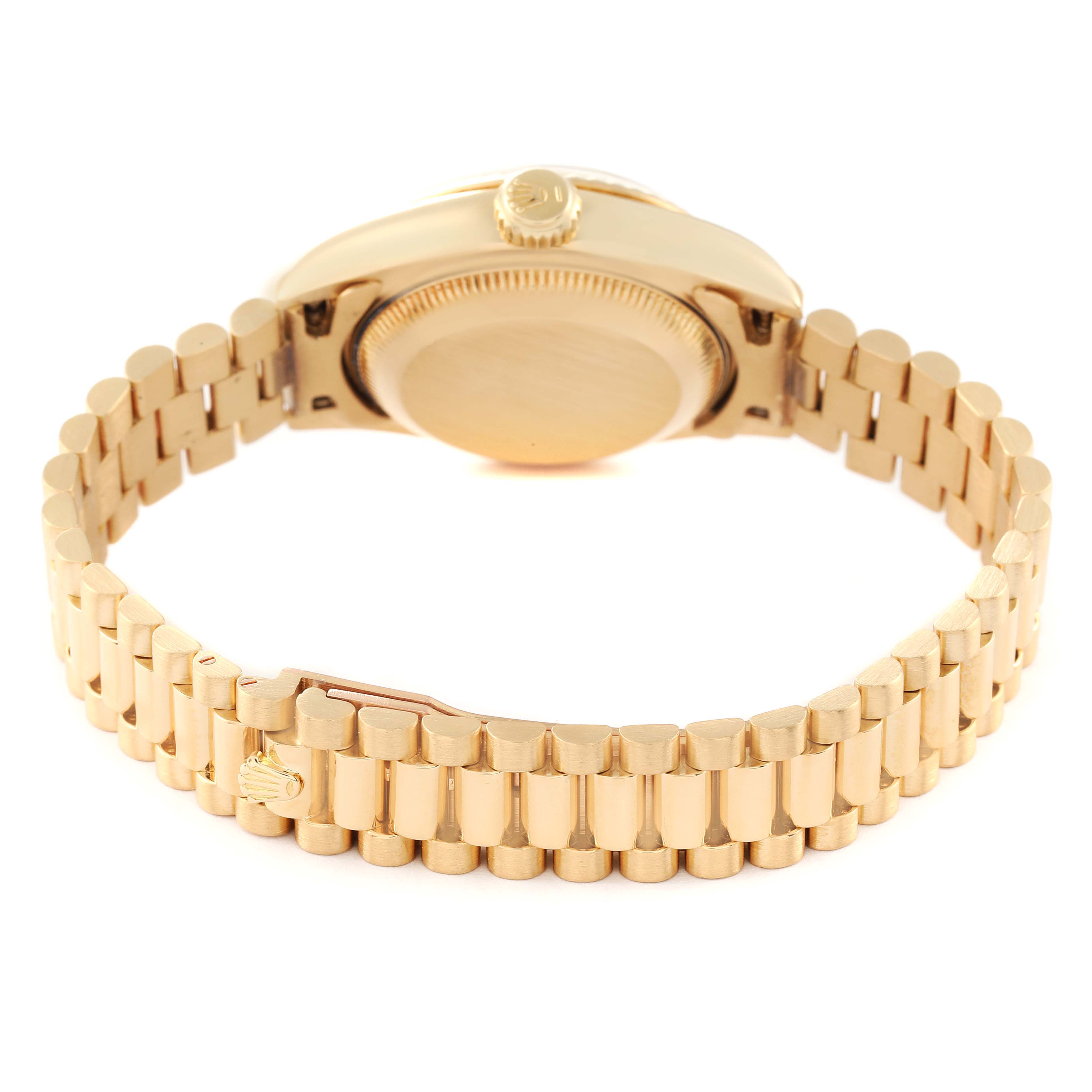 This image shows the back and bracelet of a Rolex President 69178 Women
s Yellow Gold Champagne Dial 69178 Women
s Yellow Gold Champagne Dial model watch from a rear angle.