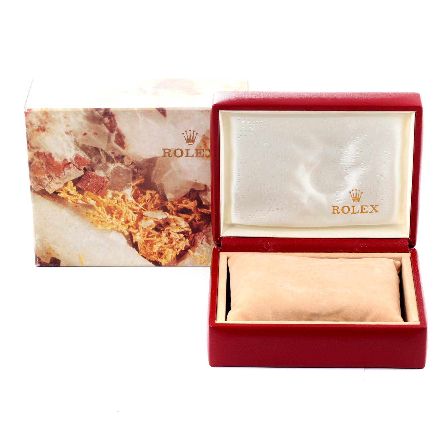 The image shows an open Rolex President 69178 Women
s Yellow Gold Champagne Dial 69178 Women
s Yellow Gold Champagne Dial model watch box including its cushion, with the outer packaging in the background.