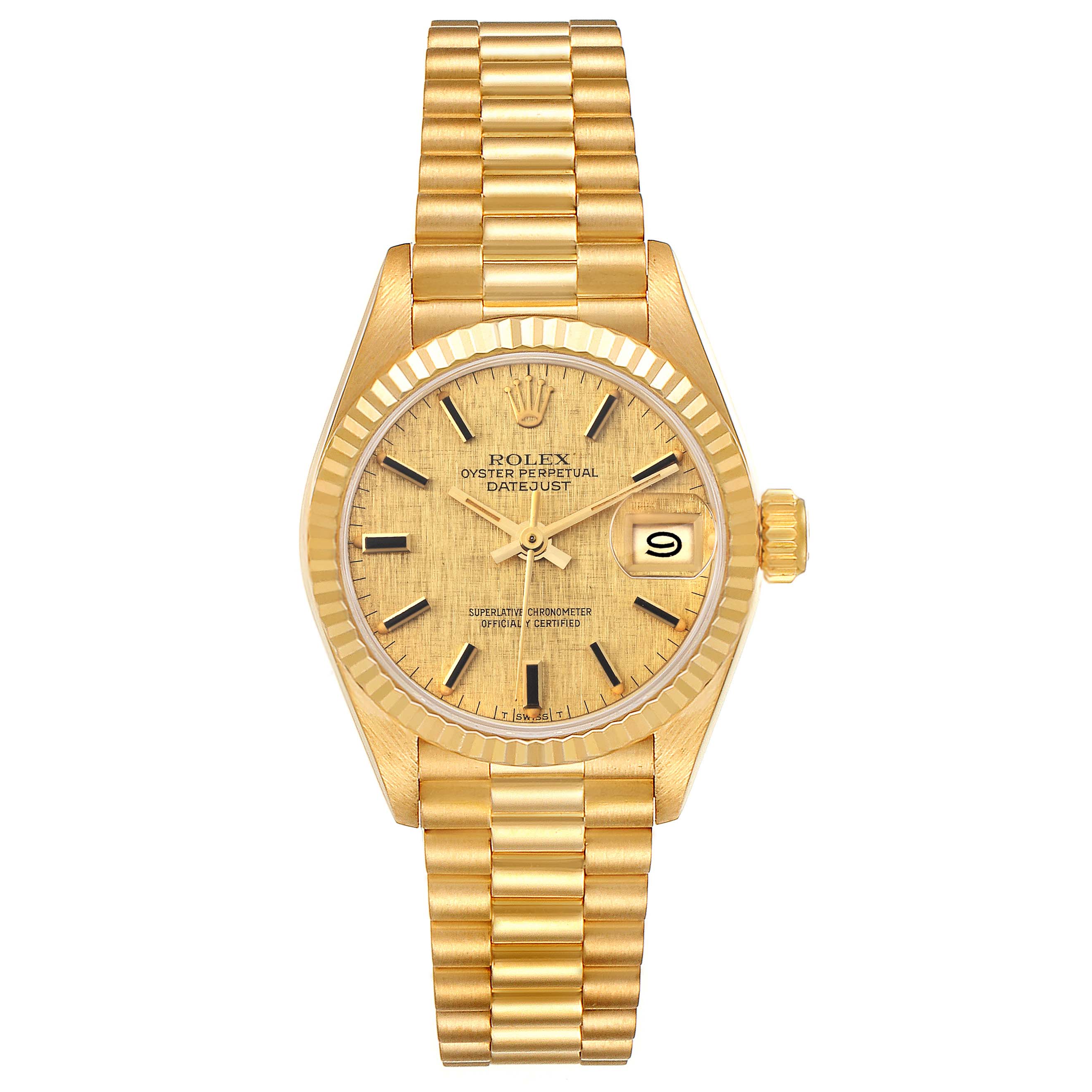 This image shows a front view of a Rolex President 69178 Women
s Yellow Gold Champagne Dial 69178 Women
s Yellow Gold Champagne Dial model watch, including the dial, case, bezel, and bracelet.