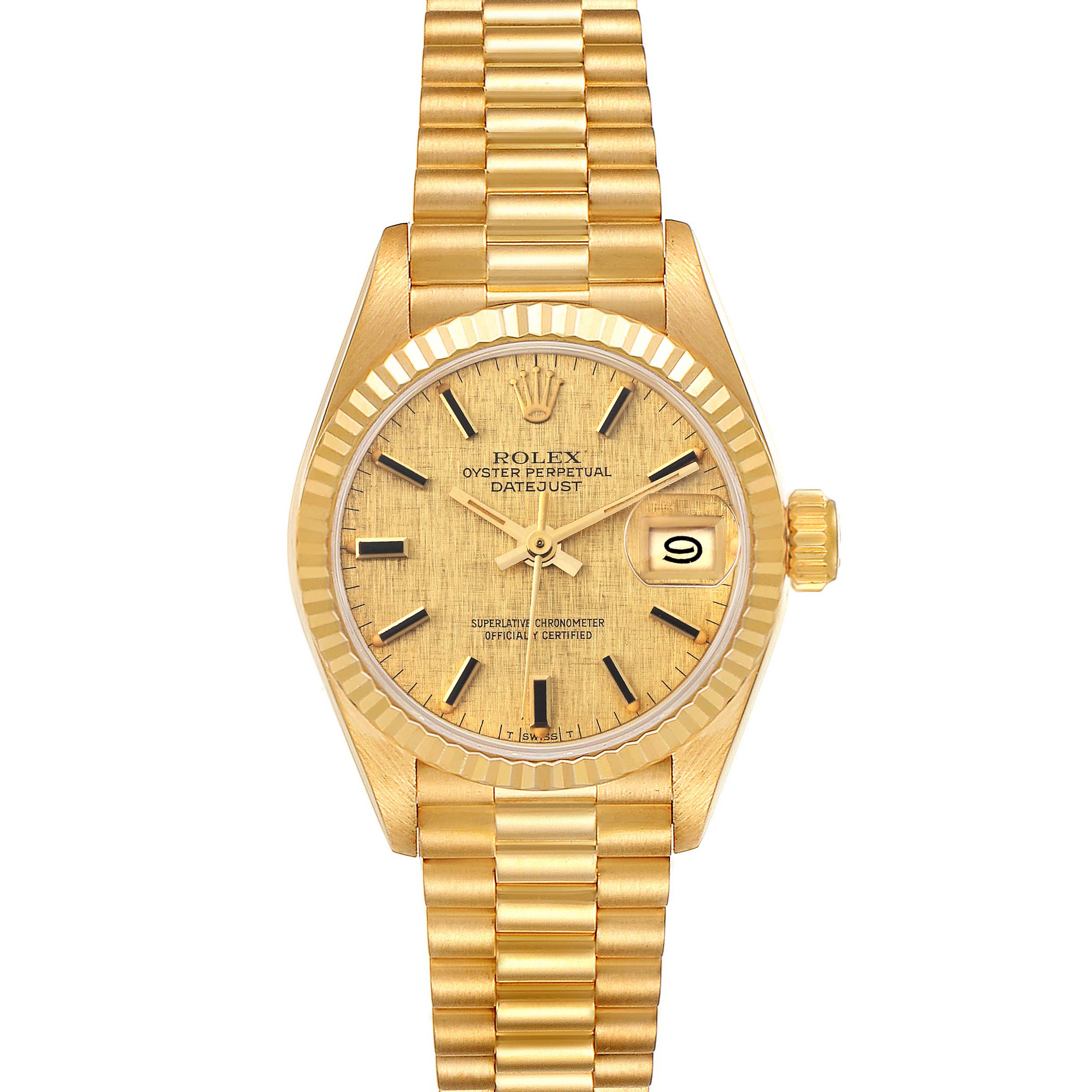The image shows a frontal view of the Rolex President 69178 Women
s Yellow Gold Champagne Dial 69178 Women
s Yellow Gold Champagne Dial model watch, highlighting its gold dial, bracelet, and date feature.