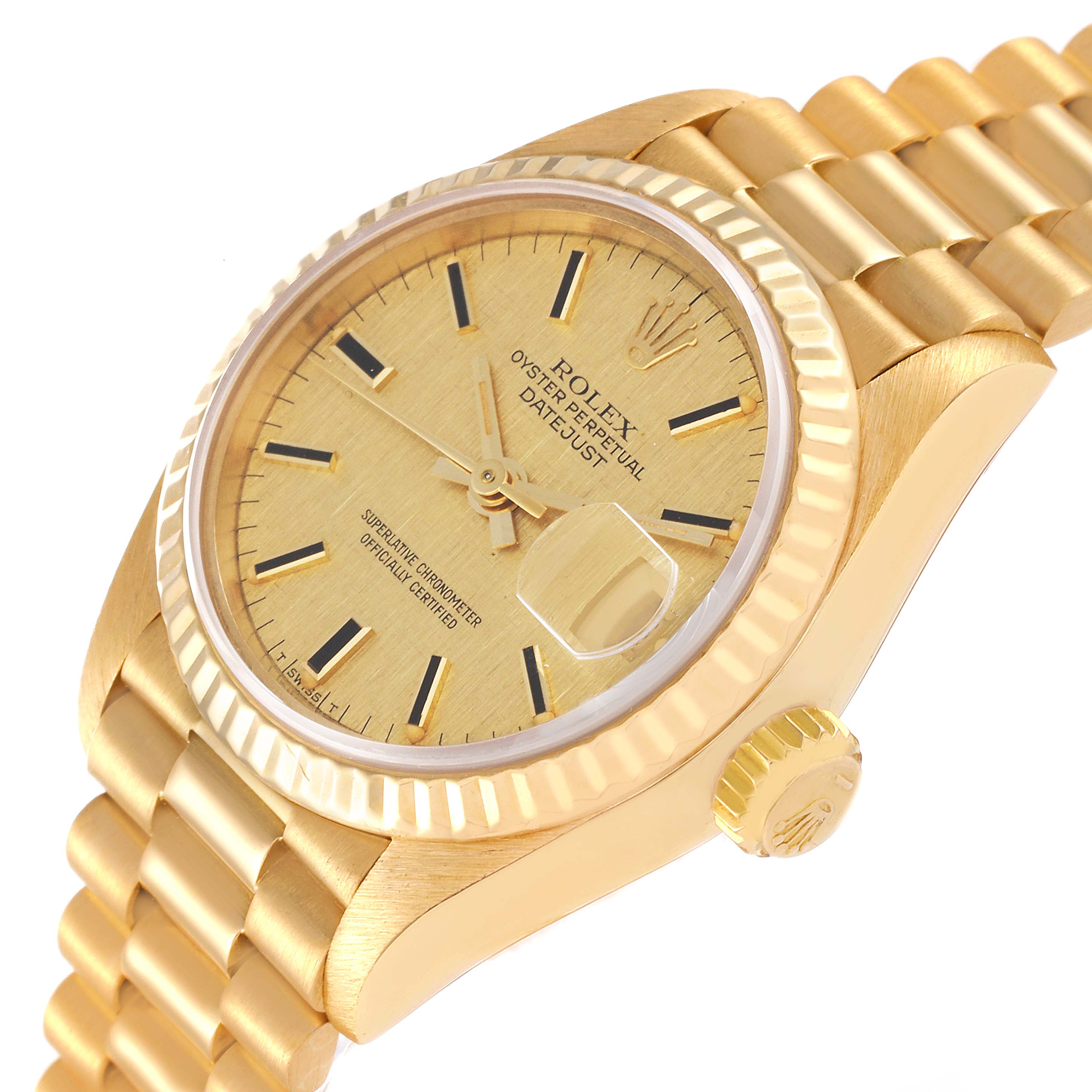 This image shows a close-up angle of the dial, bezel, crown, and bracelet of the Rolex President 69178 Women
s Yellow Gold Champagne Dial 69178 Women
s Yellow Gold Champagne Dial model watch.